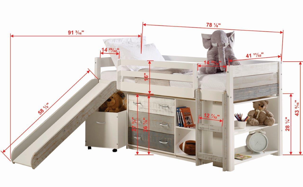 Twin Panel Low Loft Bed With Slide, Drawer, bookcase Grey/White Finish