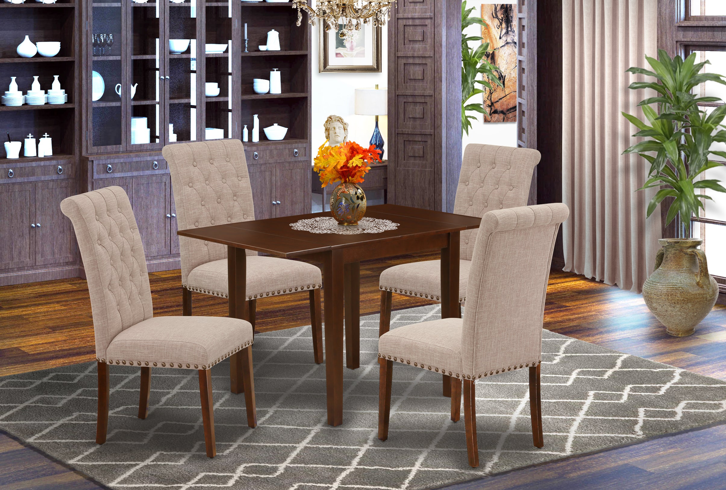 East West Furniture NDBR5-MAH-04 Dinette Set 5 Pc – Four Kitchen Chairs and a Dining Room Table - Mahogany Finish Wood - Light Fawn Color Linen Fabric