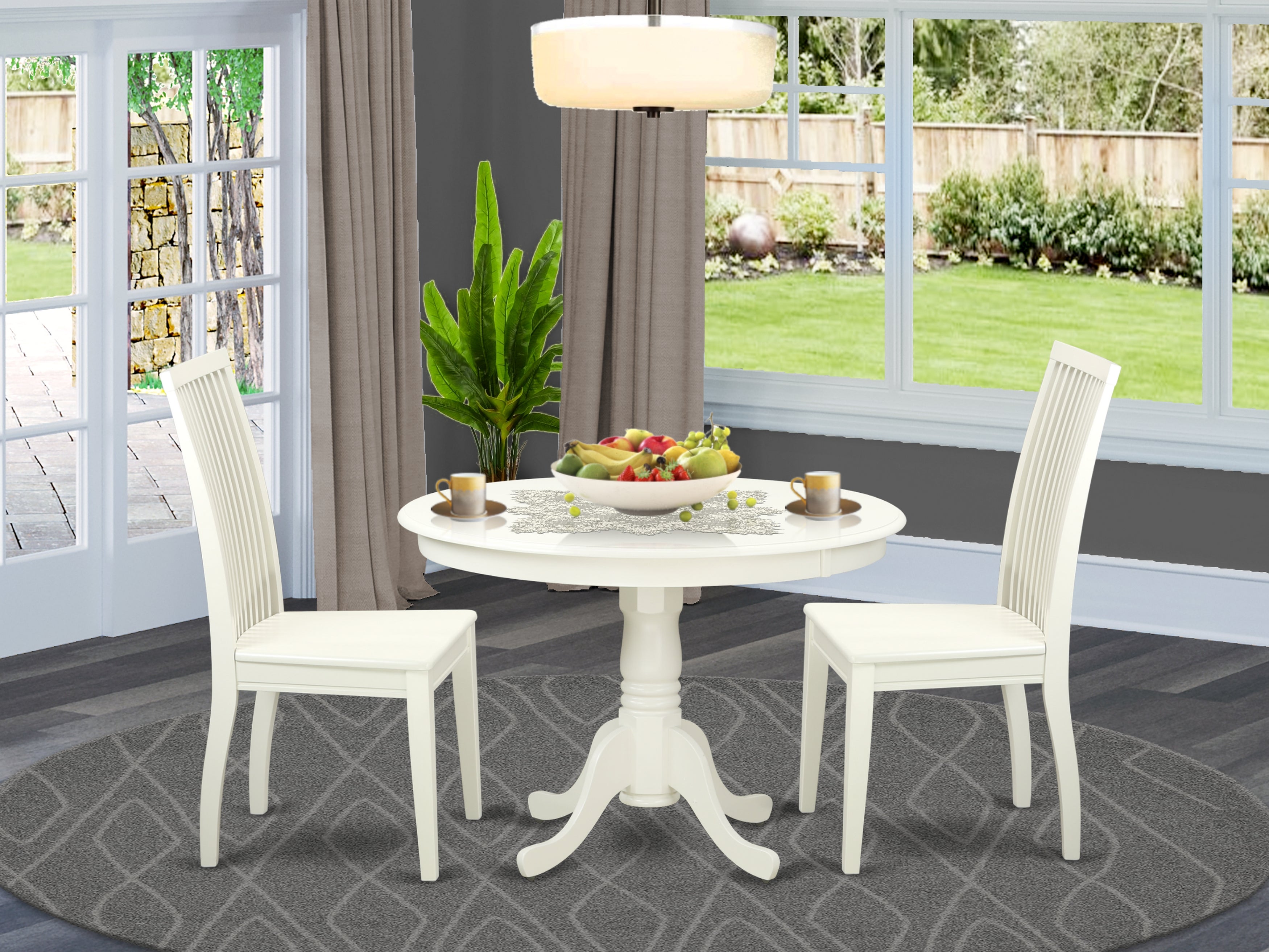 HLIP3-LWH-W 3 Piece Hartland Set With One Round 42in Dinette Table And Two Dinette Chairs With Wood Seat In A Beautiful Linen White Finish.
