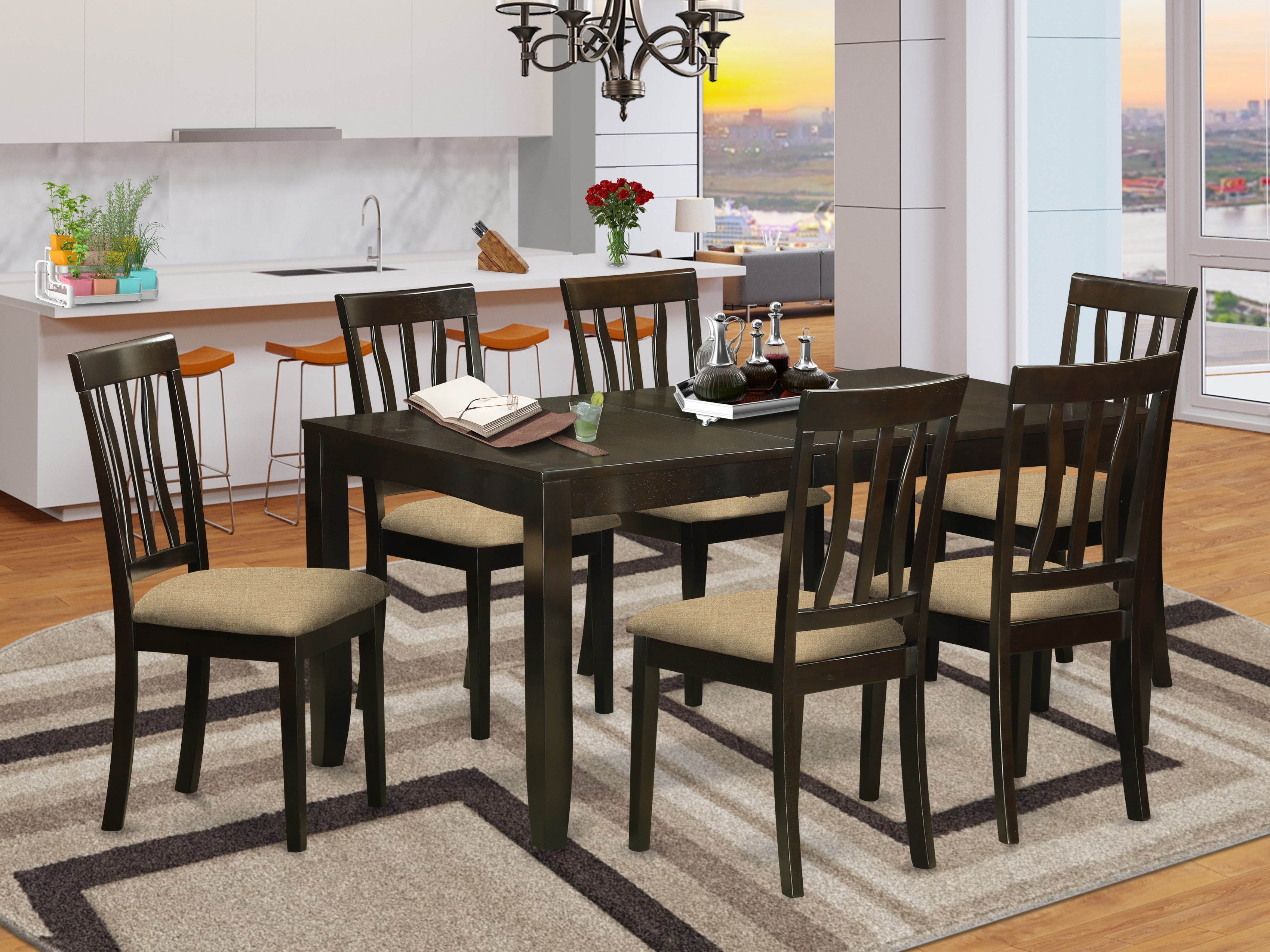 LYAN7-CAP-C 7 Pc formal Dining room set-Kitchen Tables with Leaf 6 Dining Chairs