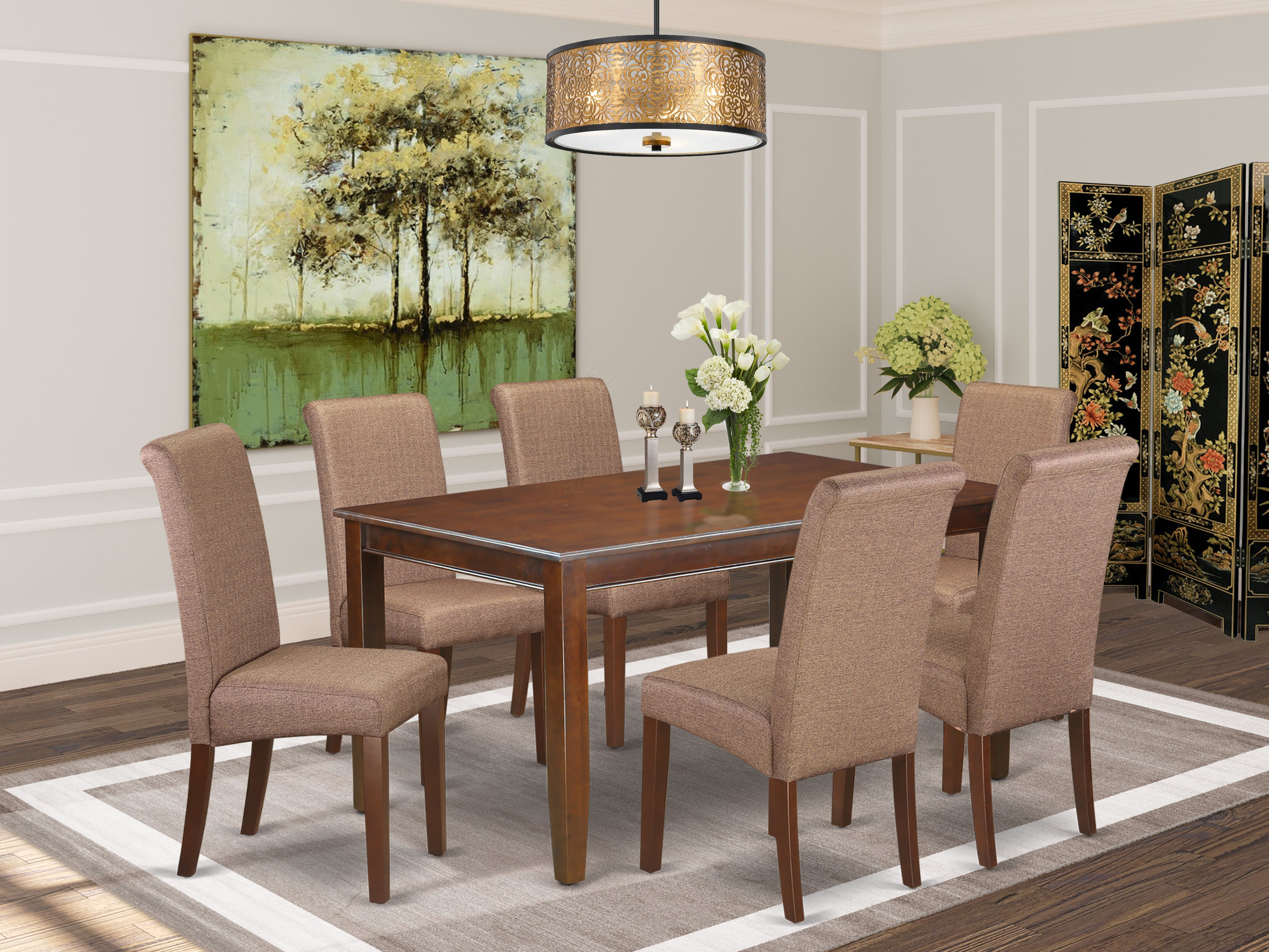 DUBA7-MAH-18 7Pc Kitchen table with linen brown fabric Parson chairs with mahogany chair legs