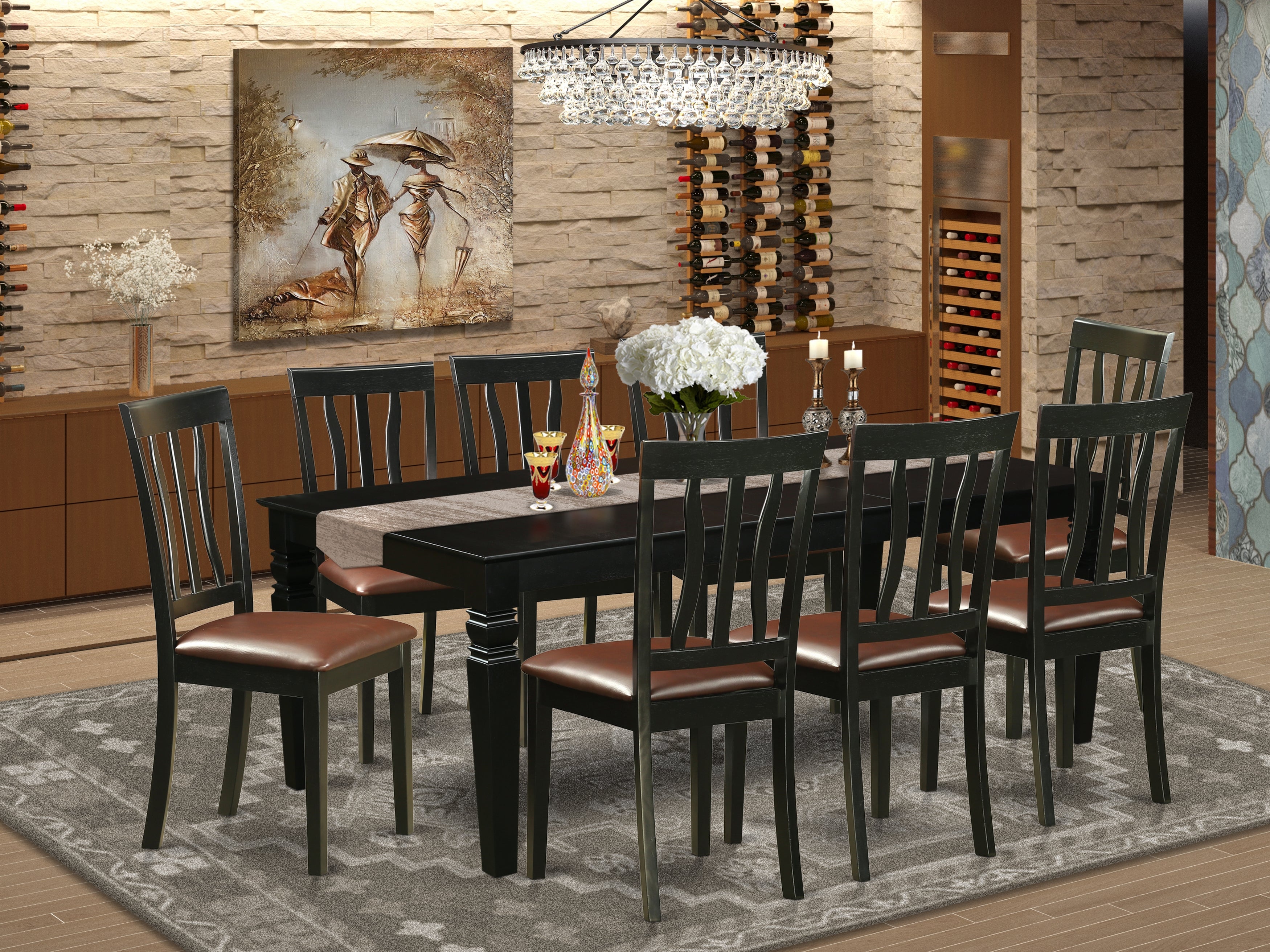 LGAN9-BLK-LC 9 Pc Dinette set with a Dining Table and 8 Leather Dining Chairs in Black