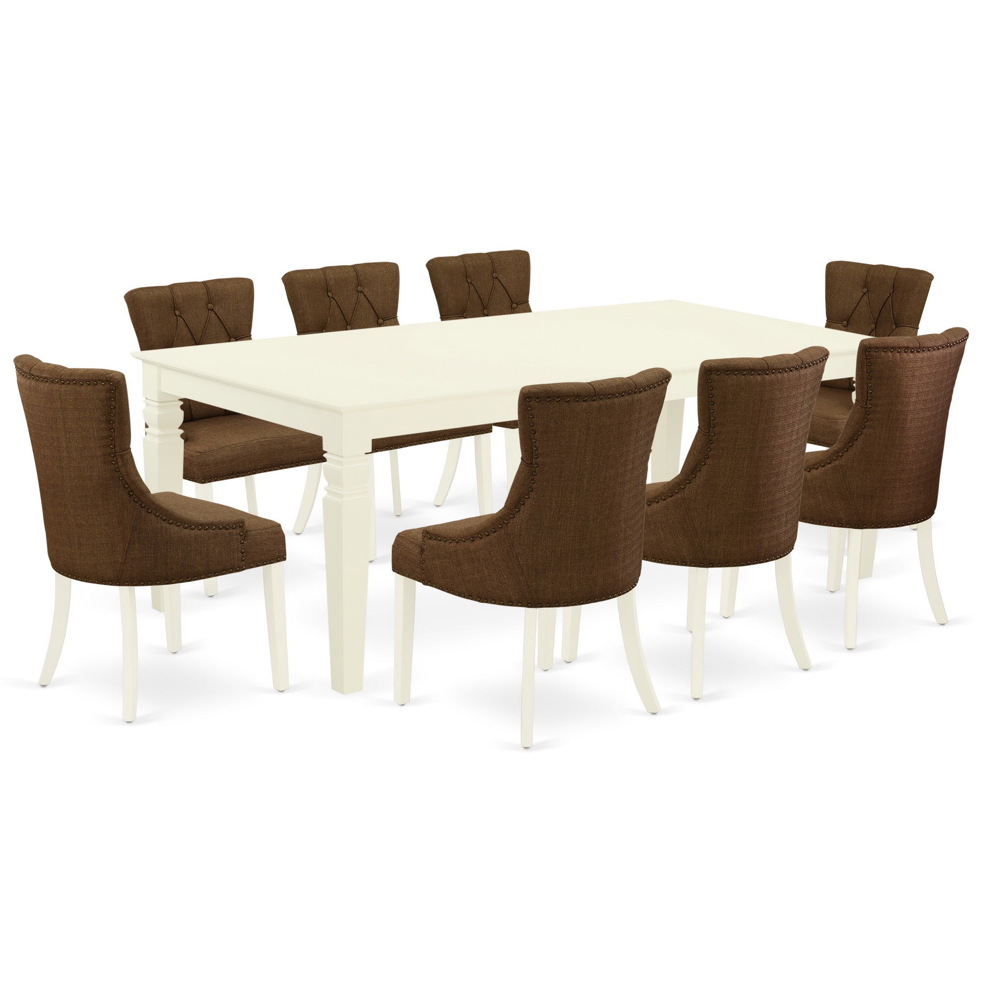 LGFR9-LWH-18 9Pc Dining Set Includes a Rectangle Dining Table with Butterfly Leaf and Eight Parson Chairs with Dark Coffee Fabric, Linen White Finish