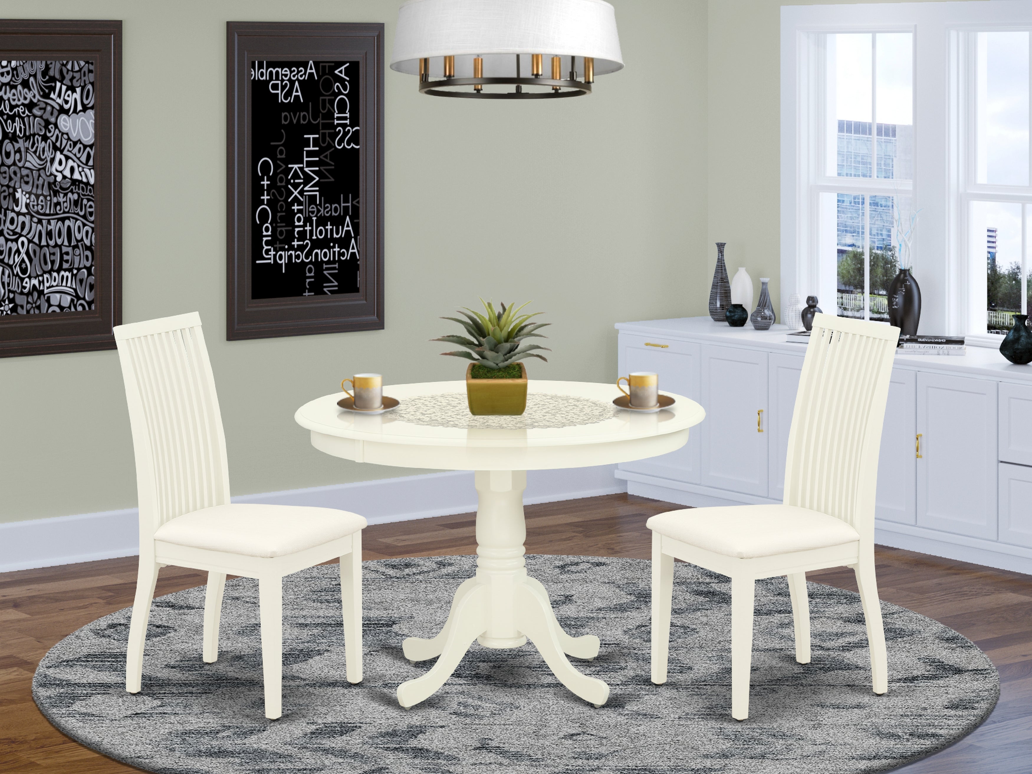 HLIP3-LWH-C 3Pc Dinette Set Includes a Rounded Kitchen Table and Two Microfiber Seat Dining Chairs, Linen White Finish
