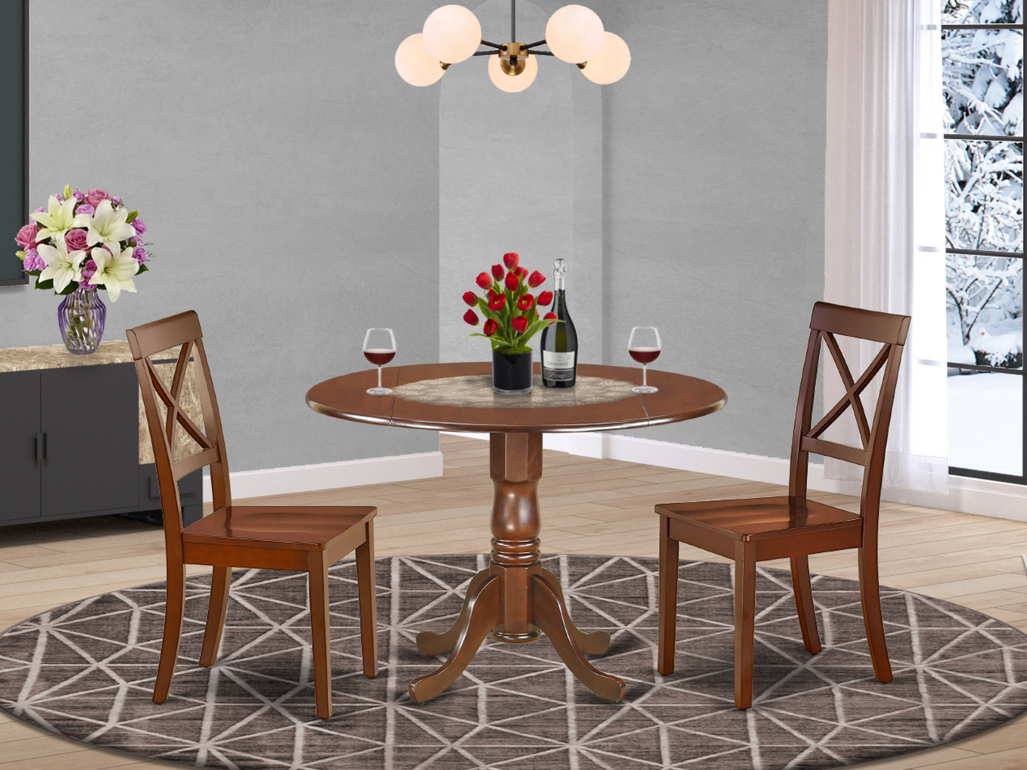 DLBO3-MAH-W 3Pc Round 42 Inch Dinner Table With Two 9-Inch Drop Leaves And Two Wood Seat Kitchen Chairs