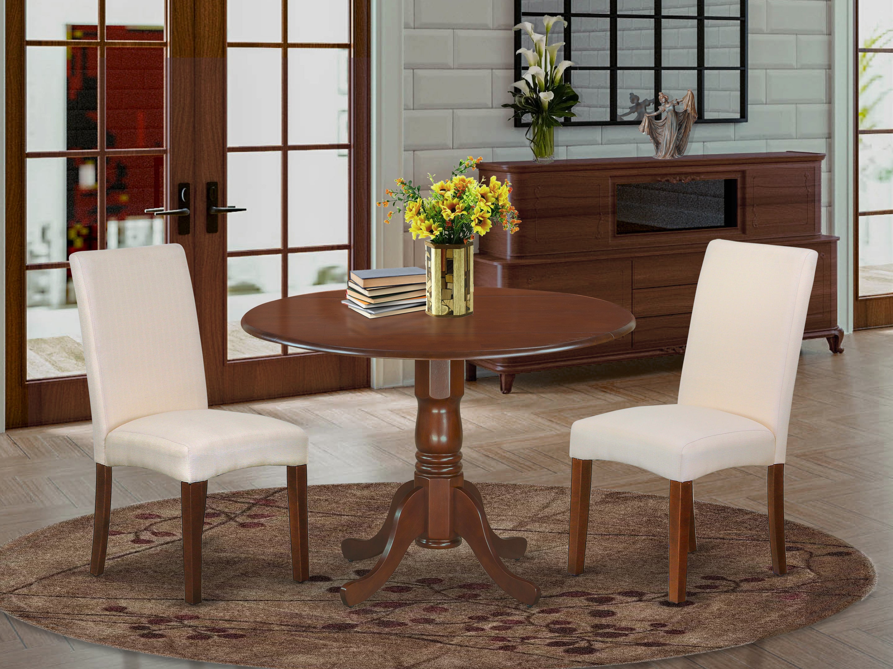 DLDR3-MAH-01 3Pc Round 42 Inch Dining Table With Two 9-Inch Drop Leaves And Two Parson Chair With Mahogany Finish Leg And Linen Fabric- Cream Color