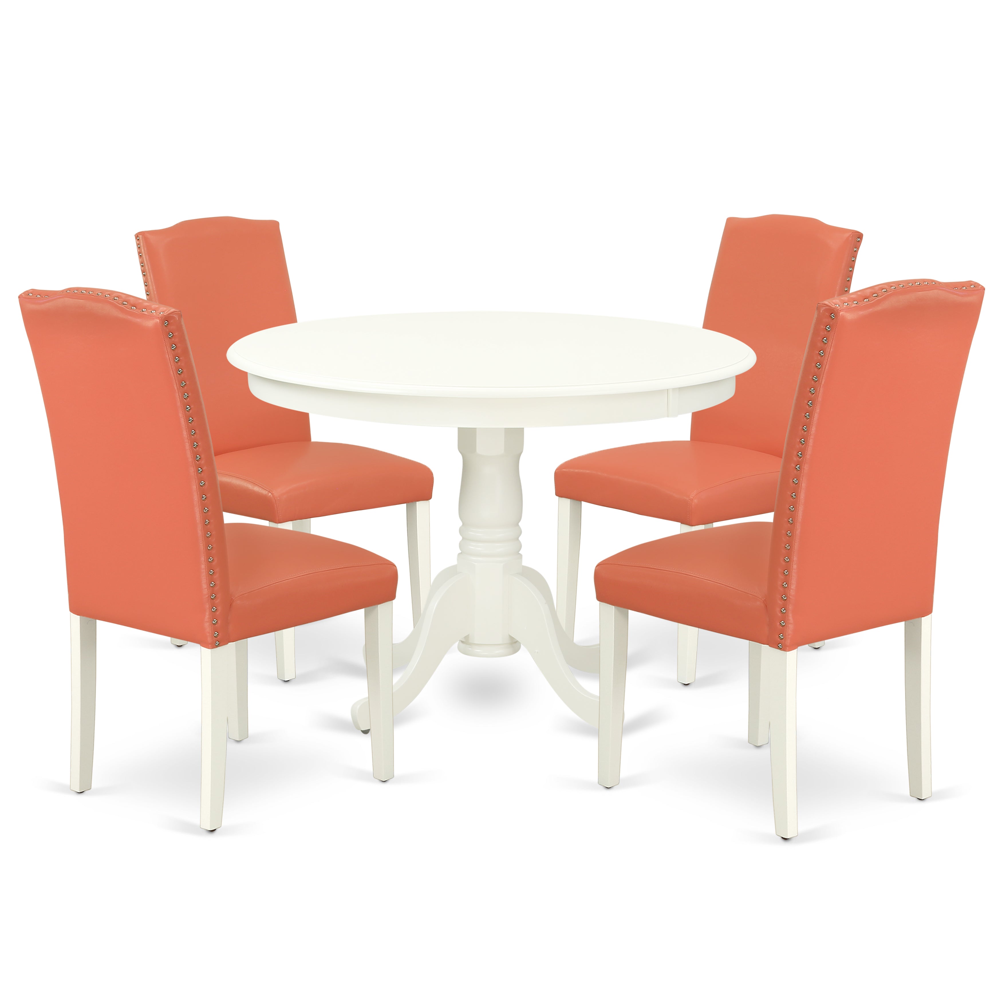 HLEN5-LWH-78 5Pc Round 42 Inch Dinette Table And Four Parson Chair With Linen White Leg And Pu Leather Color Pink Flamingo