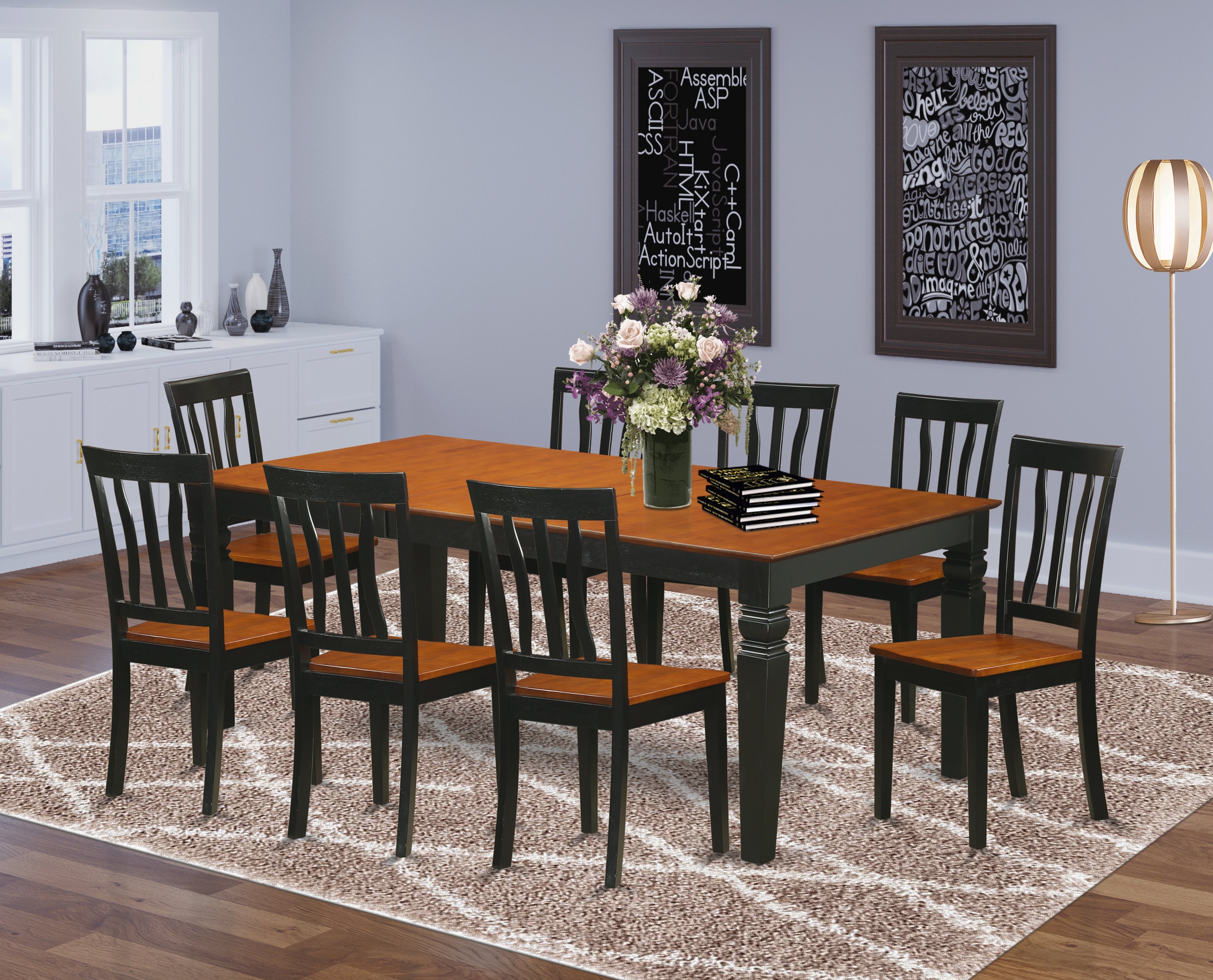 LGAN9-BCH-W 9 PcKitchen dinette set with a Table and 8 Dining Chairs in Black and Cherry