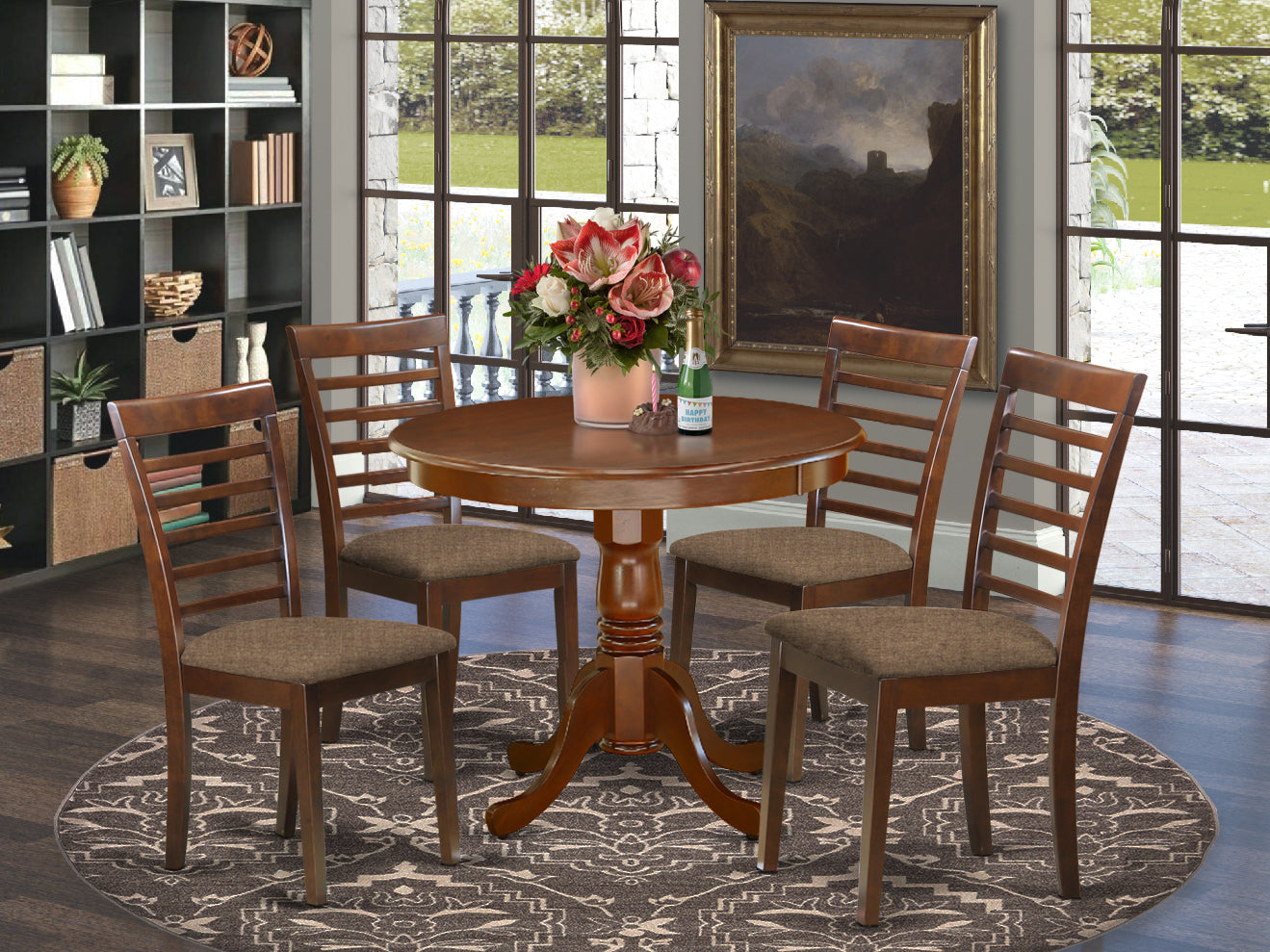 ANML5-MAH-C 5Pc Round 36" Kitchen Table And 4 Microfiber Upholstery Seat Chairs