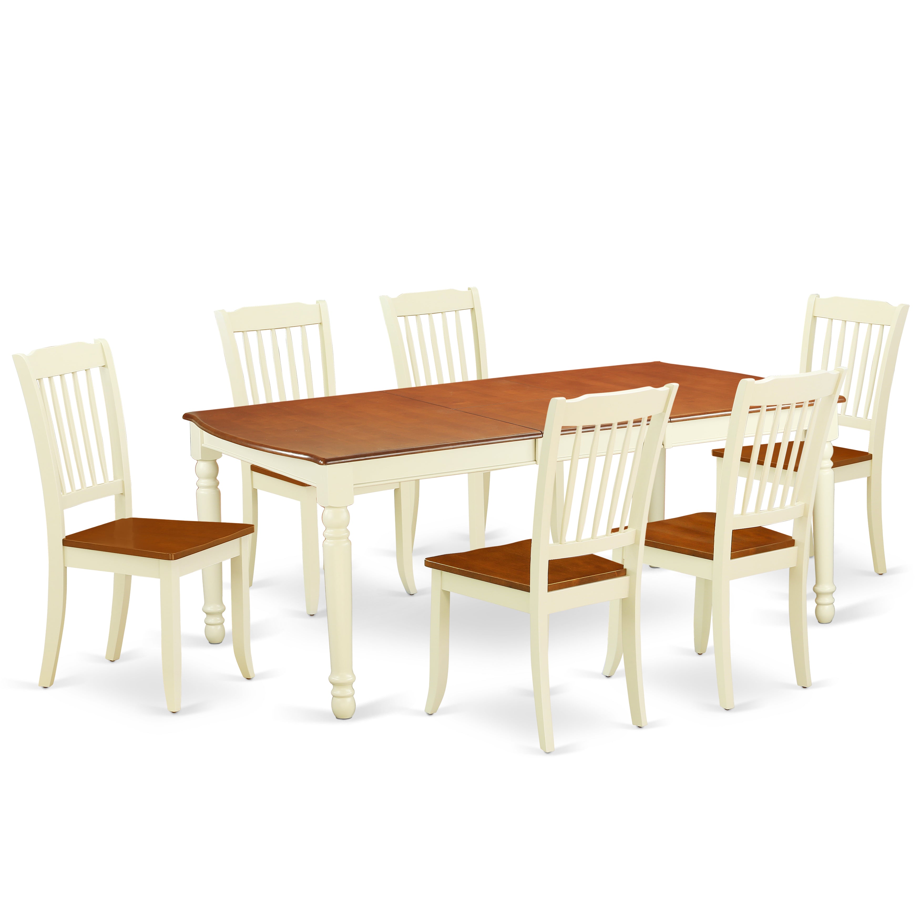 DODA7-BMK-W 7PC Rectangular 60/78 inch Table with 18 In Leaf and 6 vertical slatted Chairs