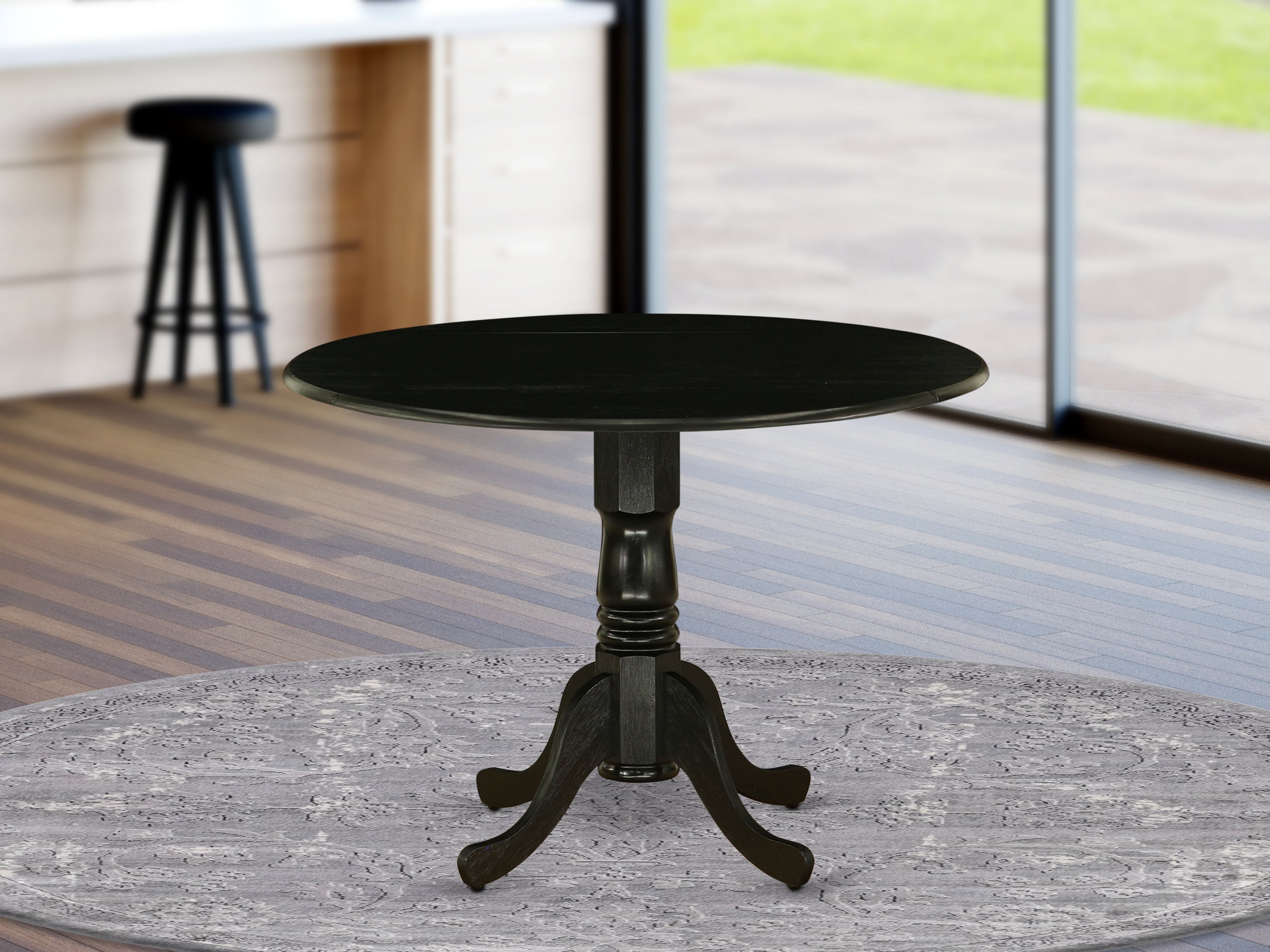 DLT-ABK-TP Dublin Dining Table Made of Rubber Wood with Two 9 Inch Drop Leaves, 42 Inch Round, Wirebrushed Black Finish