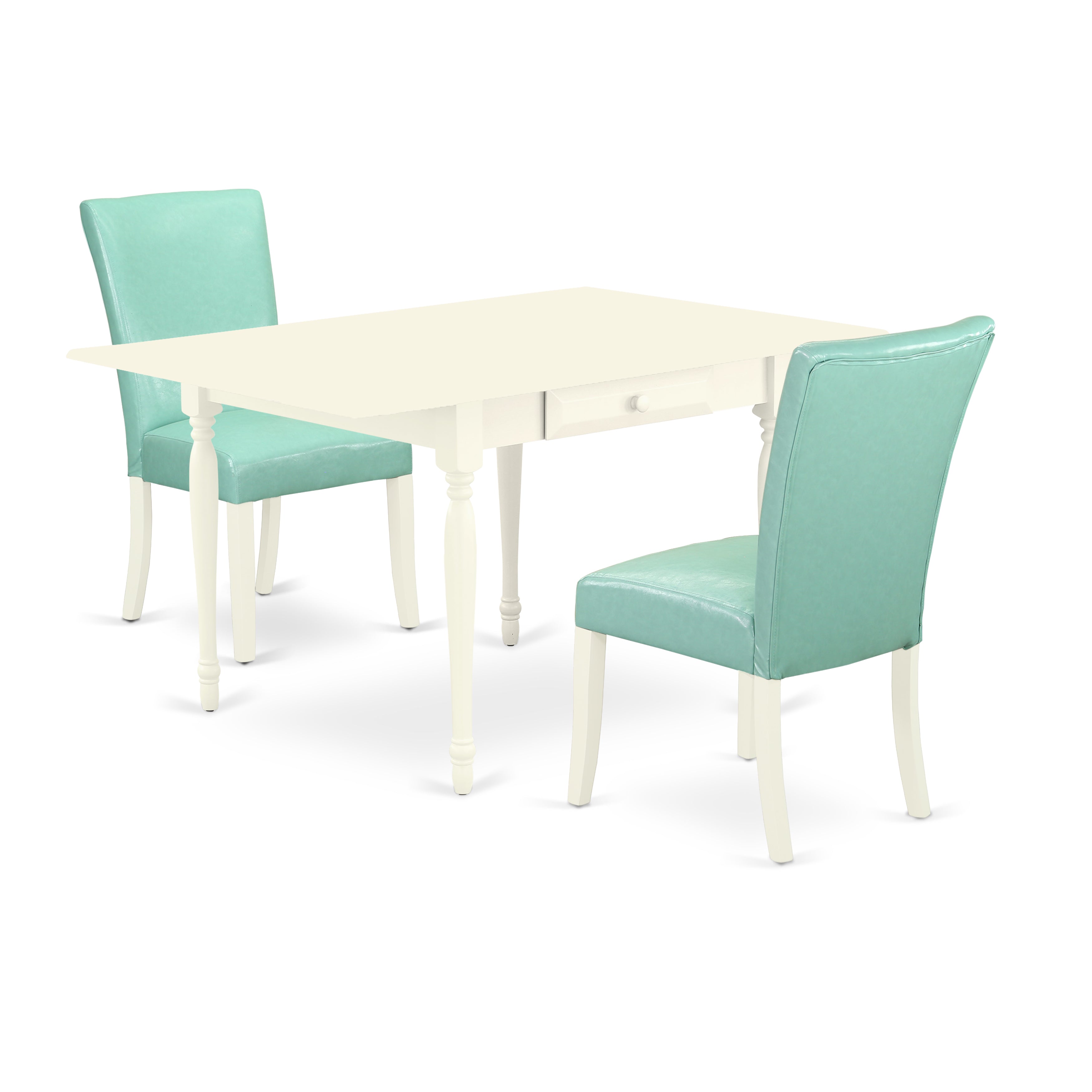 East West Furniture MZAL3-LWH-57 3Pc Dining Room Table Set Consists of a Rectangular Table and 2 Parsons Dining Room Chairs with Pond Color PU Leather, Drop Leaf Table with Full Back Chairs, Linen White Finish