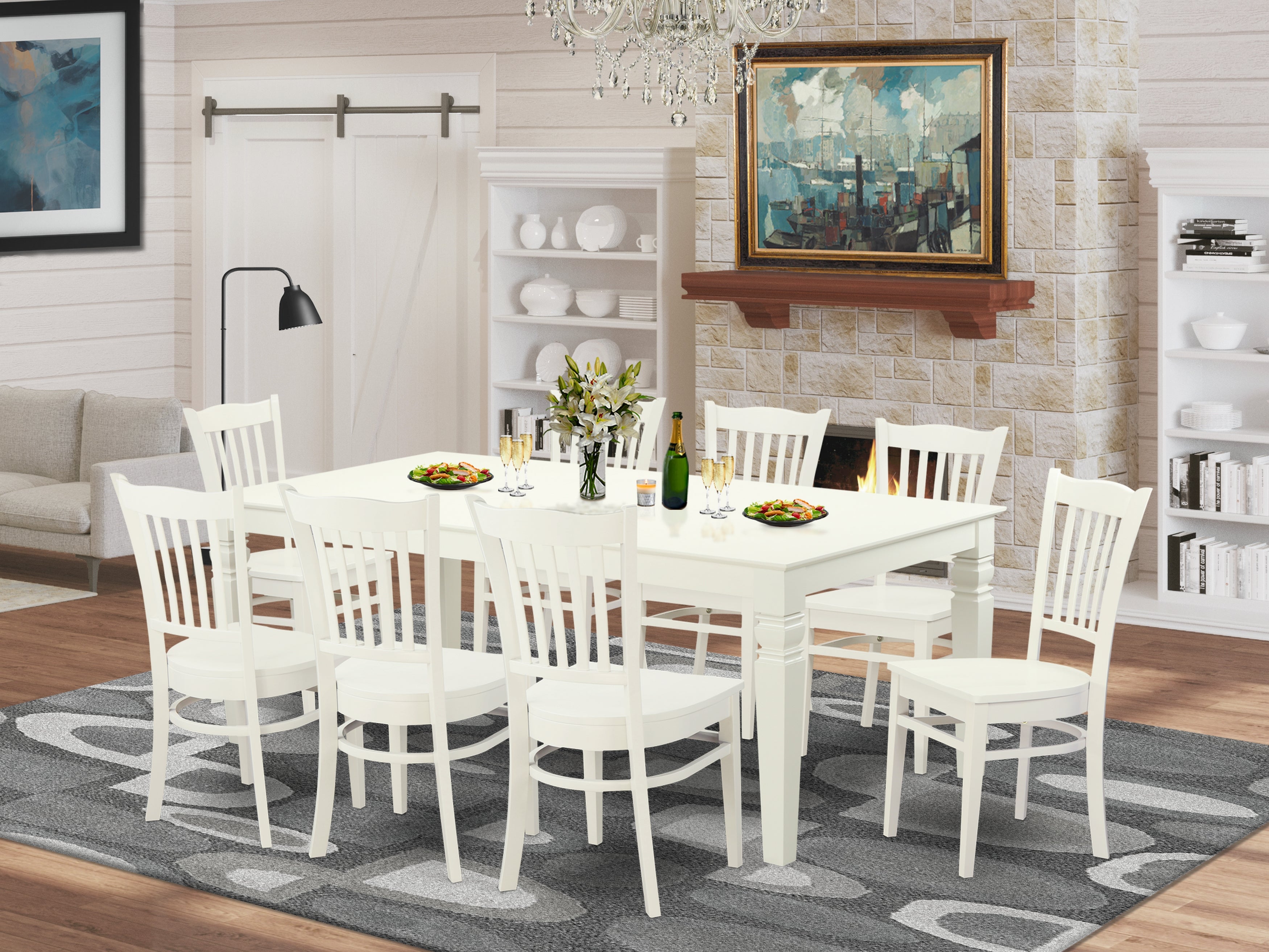 LGGR9-LWH-W 9 Pc Dinette set with a Dining Table and 8 Kitchen Chairs in Linen White