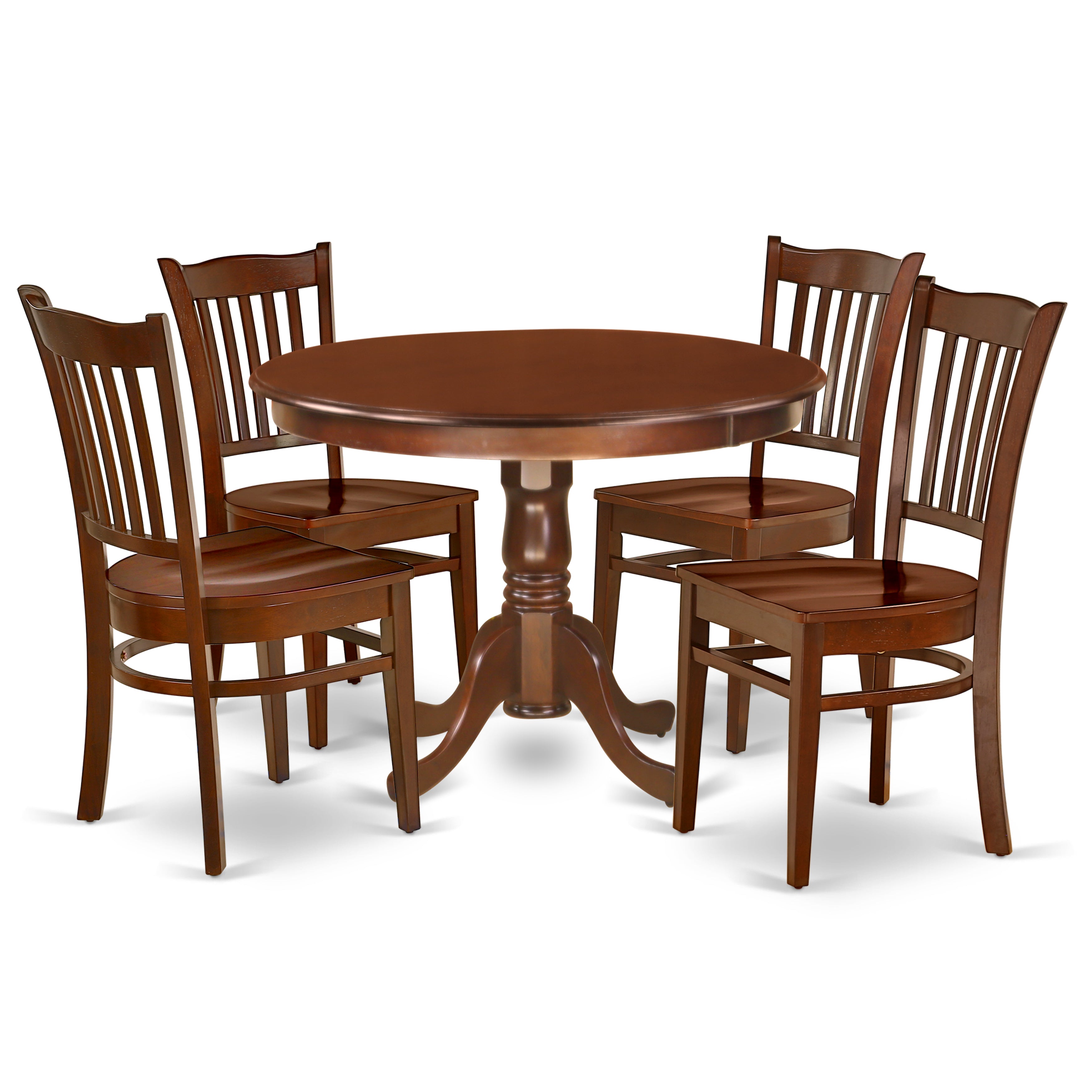 HLGR5-MAH-W 5Pc Round 42 Inch Dinner Table And Four Wood Seat Chairs