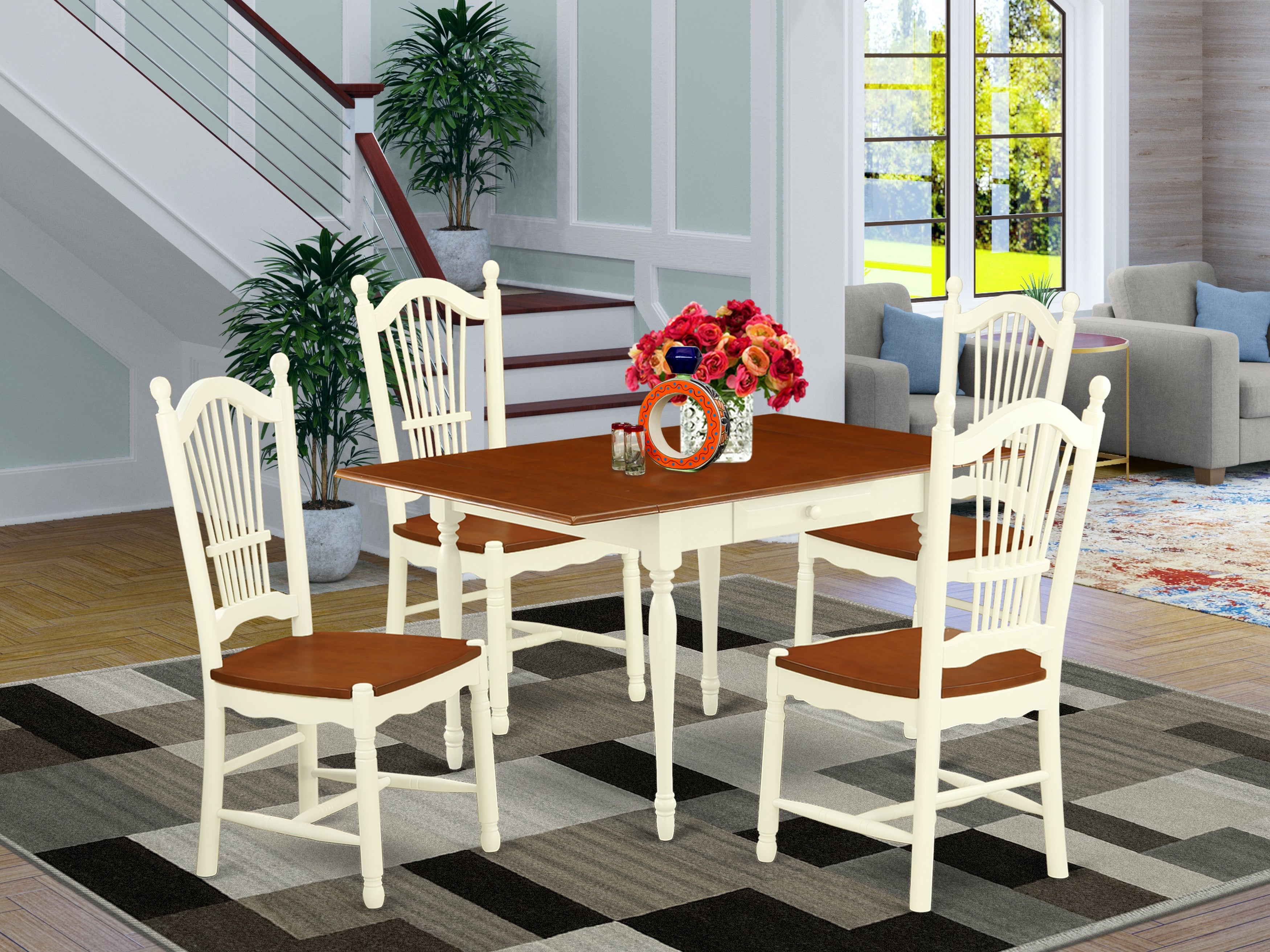East West Furniture MZDO5-WHI-W 5Pc Dining Set Offers a Dinette Table and 4 Dining Chairs with Wooden Seat, Drop Leaf Table with Panel Back Chairs, Buttermilk and Cherry Finish