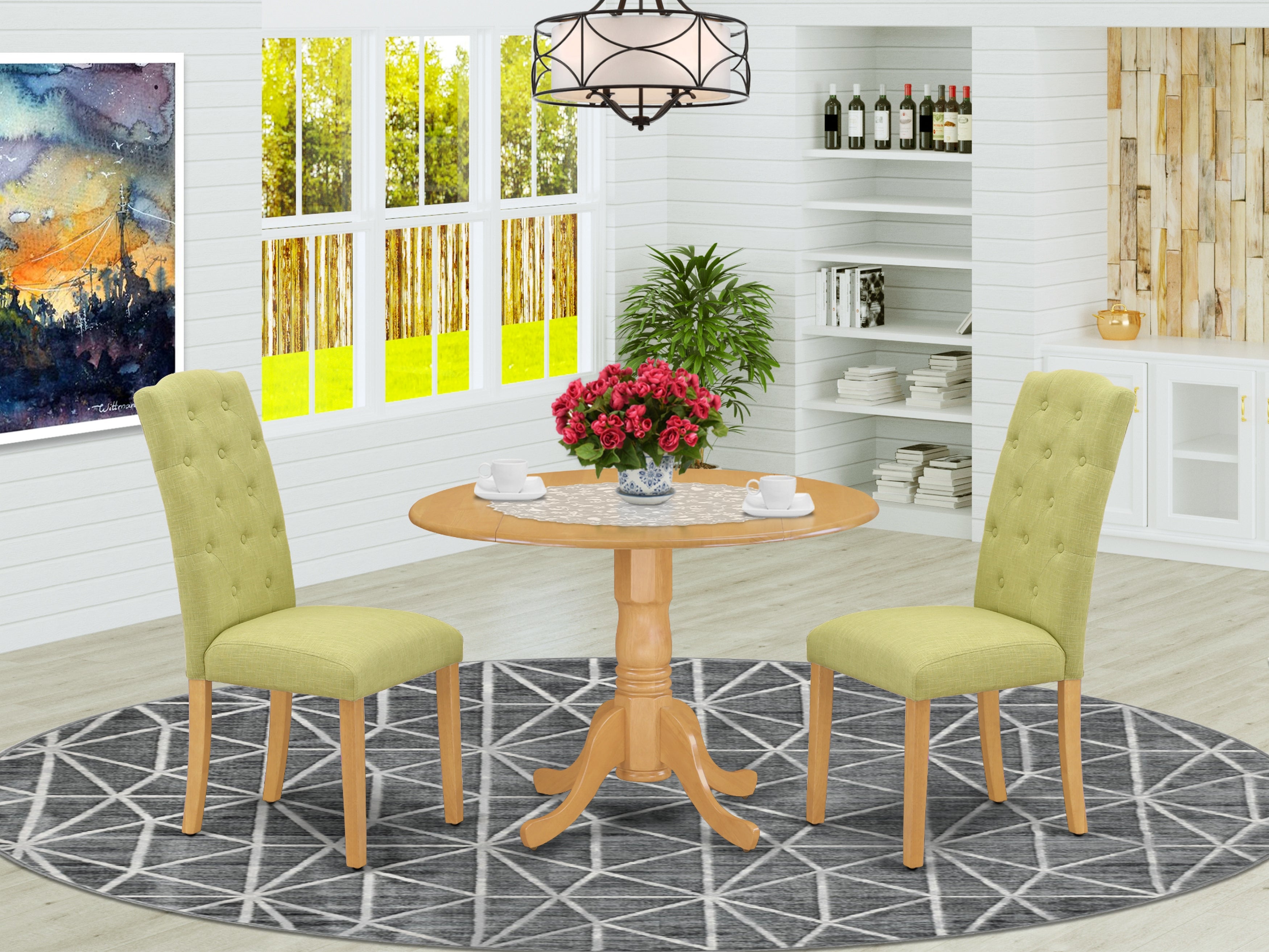 DLCE3-OAK-07 3Pc Dinette Set Includes a Small Rounded Kitchen Table with Drop Leaves and Two Parson Chairs with Lime Green Fabric, Oak Finish