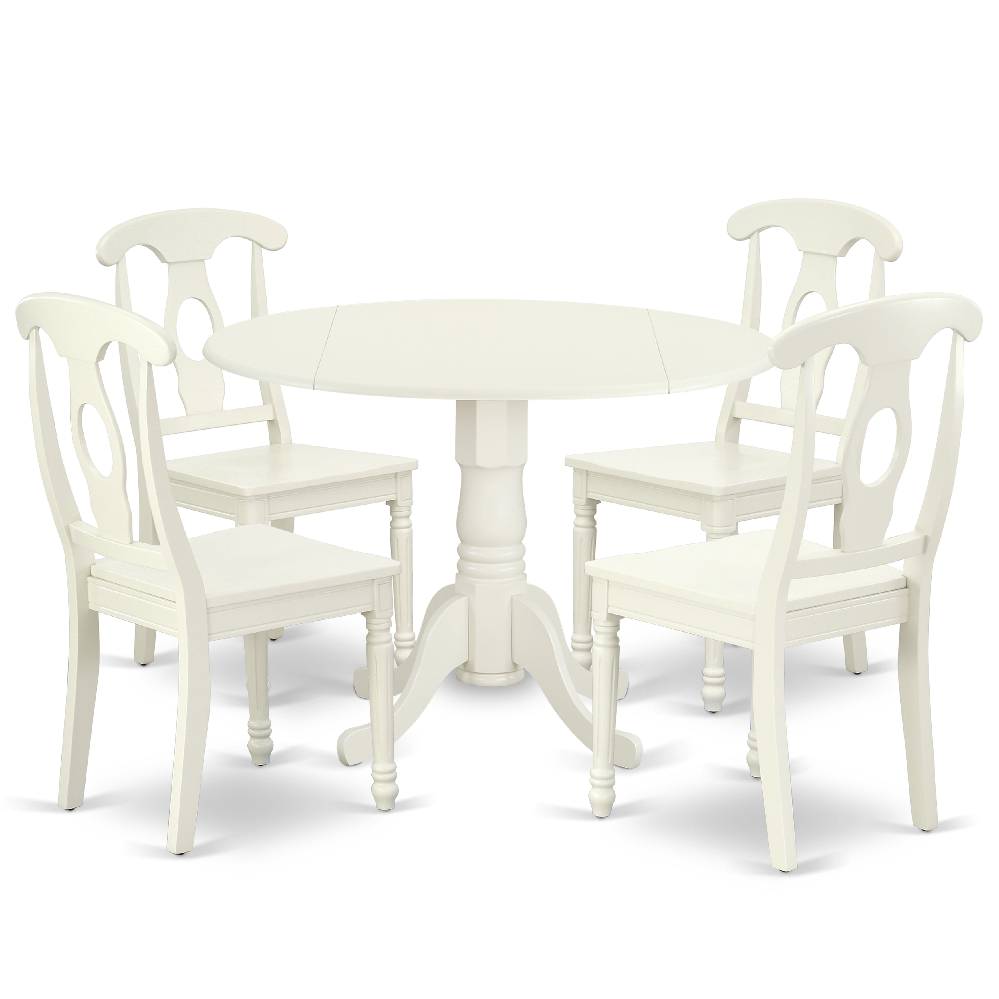 DLKE5-LWH-W 5PC Round 42 inch Table with Two 9-Inch Drop Leaves and 4 Panel Back Chairs