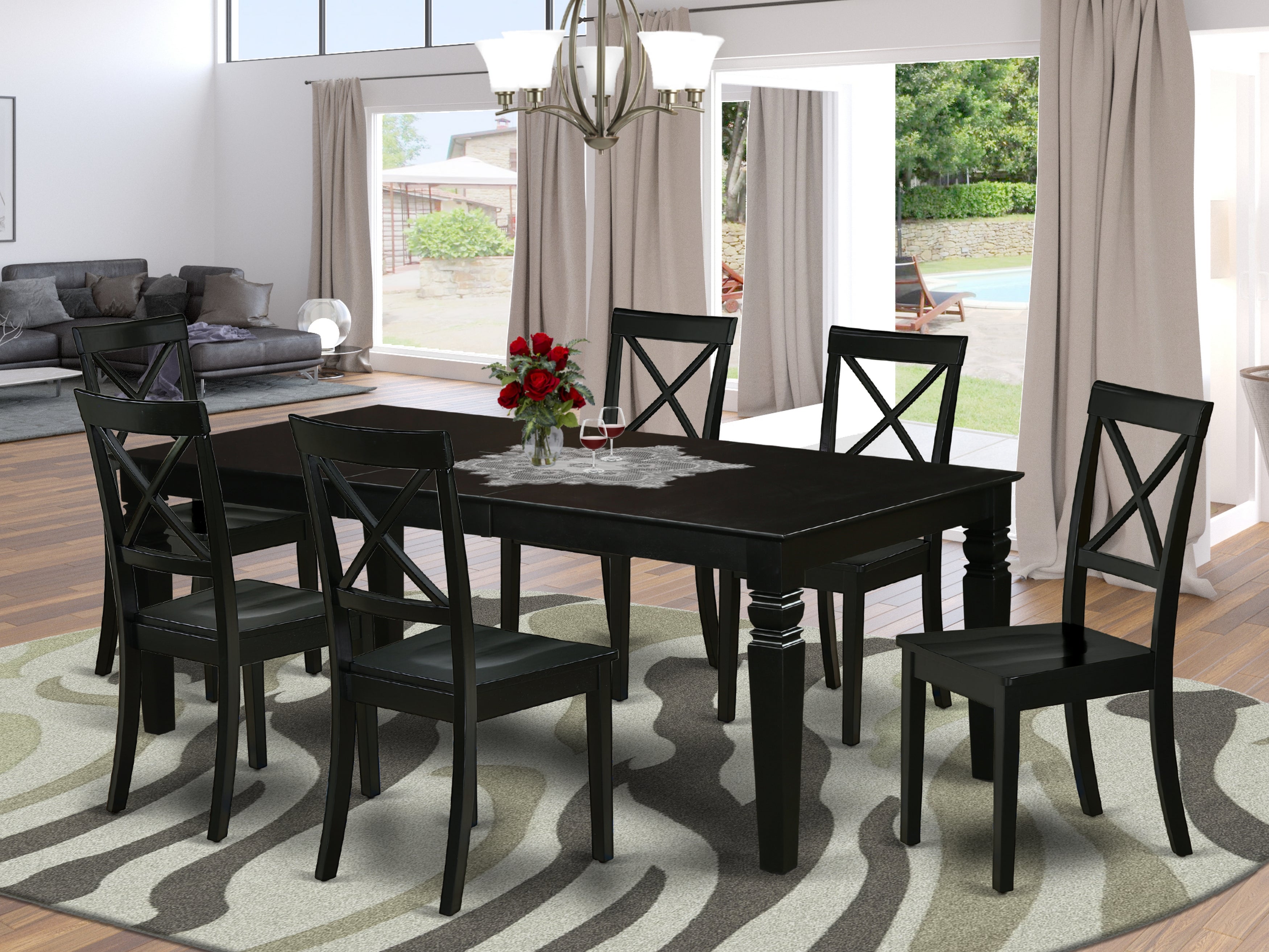 LGBO7-BLK-W 7Pc Rectangular 66/84 Inch Dining Table With 18 In Self Storing Butterfly Leaf And Six Wood Seat Dining Chairs