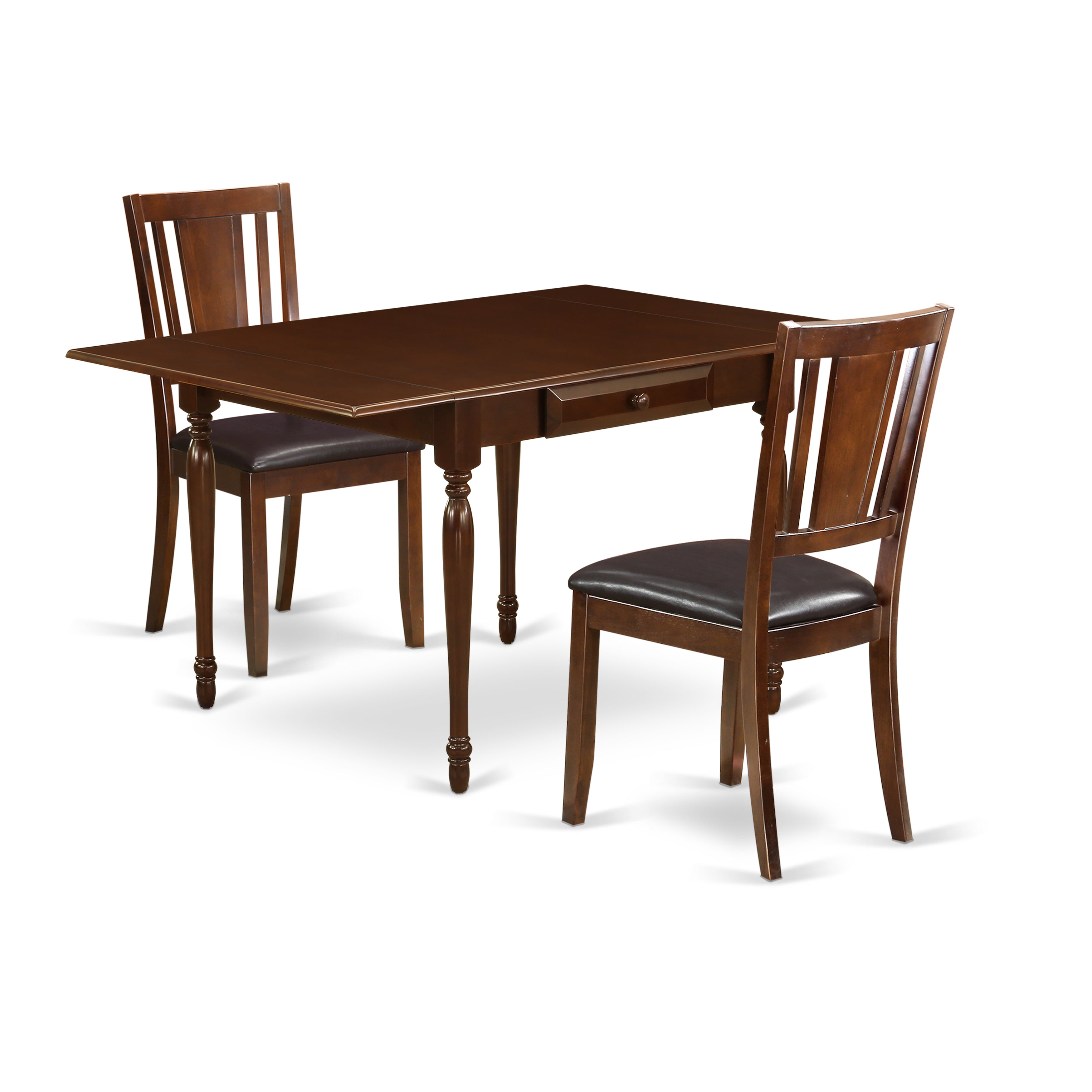 East West Furniture MZDU3-MAH-LC 3Pc Dining Table Set Contains a Dining Room Table and 2 Dining Chairs with Faux Leather Seat, Drop Leaf Table with Panel Back Chairs, Mahogany Finish