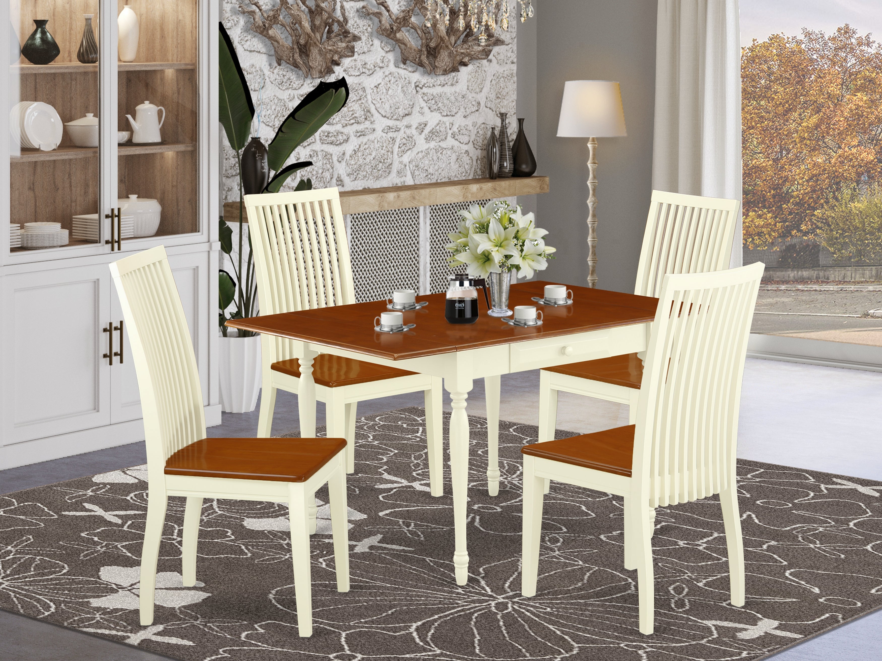 East West Furniture MZIP5-WHI-W 5 Pieces Dining Table set - Strong Drop Leaf Solid Wood Dining Table and 4 Solid Wood Seat Kitchen Chairs, Buttermilk and Cherry Finish