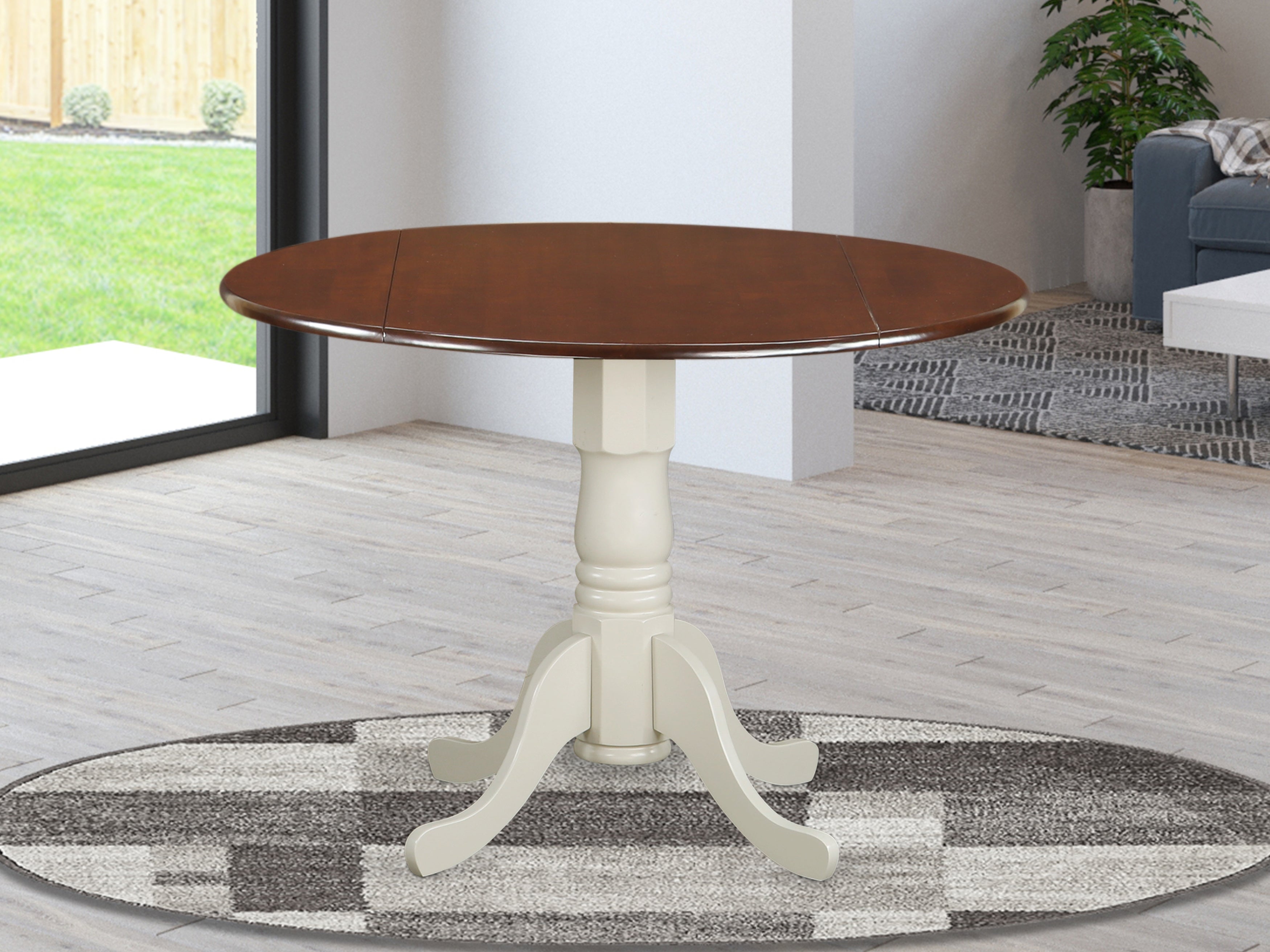 DLT-MLW-TP Dublin Round Table with two 9" Drop Leaves - Mahogany and Linen White Finish