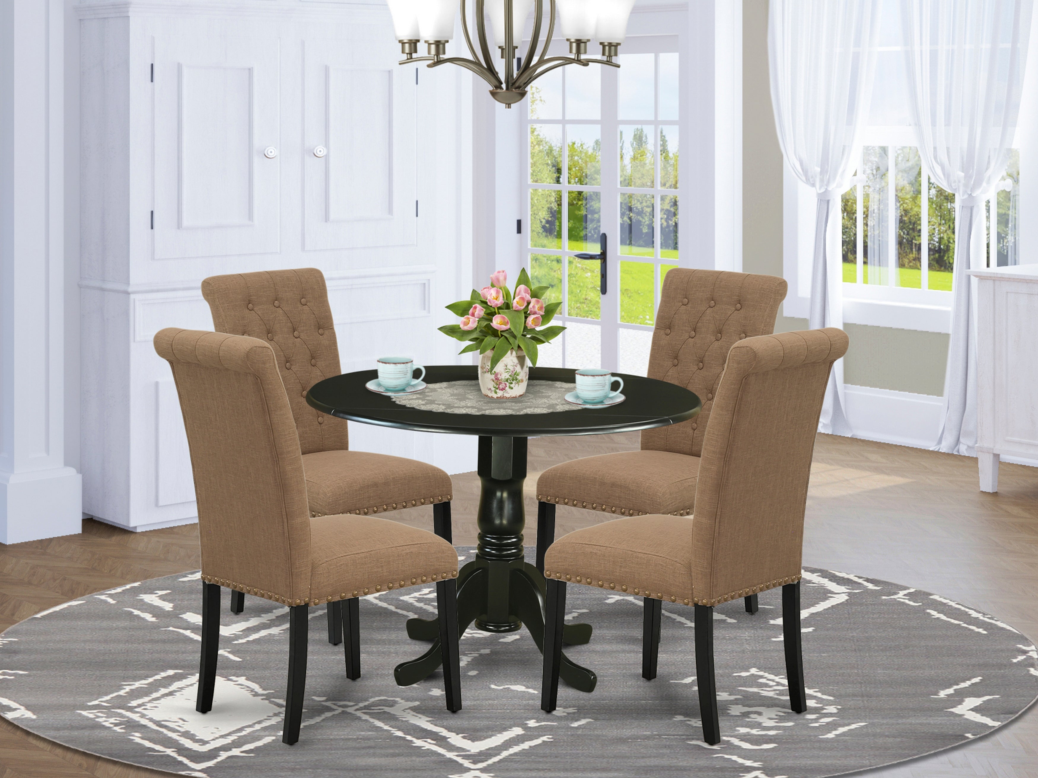 DLBR5-BLK-17 5Pc Dining Set Includes a Small Round Dinette Table with Drop Leaves and Four Parson Chairs with Light Sable Fabric, Black Finish