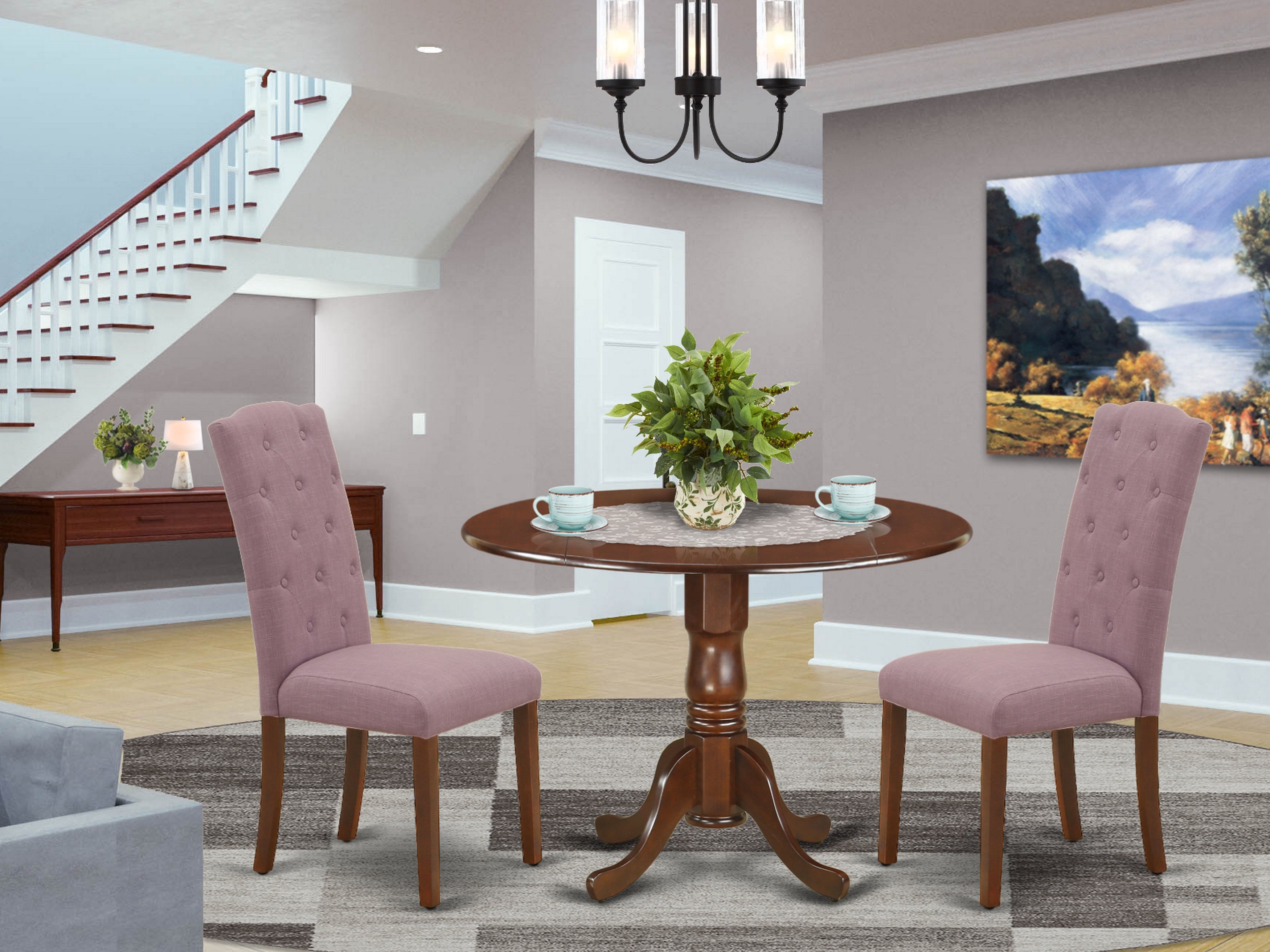 DLCE3-MAH-10 3Pc Dinette Set Includes a Small Rounded Kitchen Table with Drop Leaves and Two Parson Chairs with Dahlia Fabric, Mahogany Finish