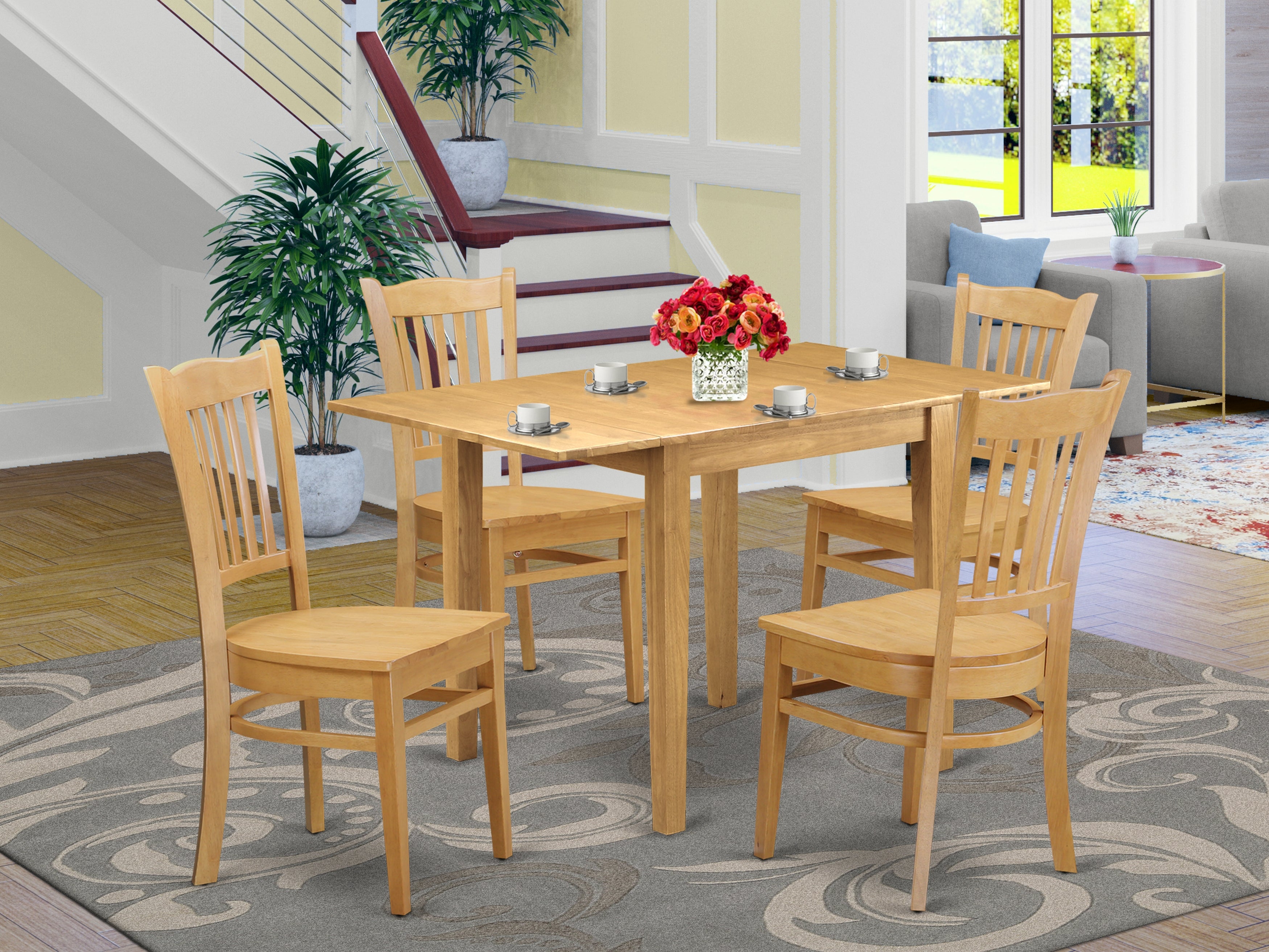 East West Furniture NDGR5-OAK-W 5Pc Dining Table Set Includes a Modern Dining Table and 4 Dinette Chairs with Asian Hardwood Seat and Slat Back, Oak Finish