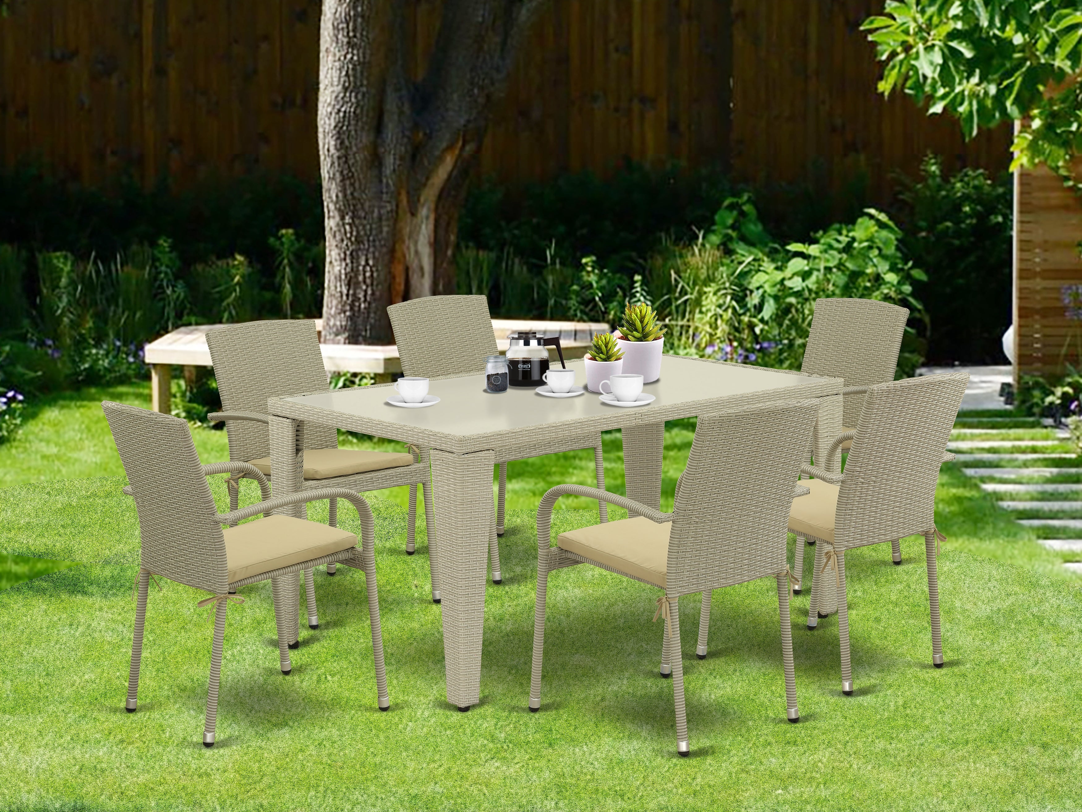 GUJU7-03A 7Pc Outdoor-Furniture Natural Color Wicker Dining Set Includes a Patio Table and 6 Balcony Backyard Armchair with Linen Fabric Cushion