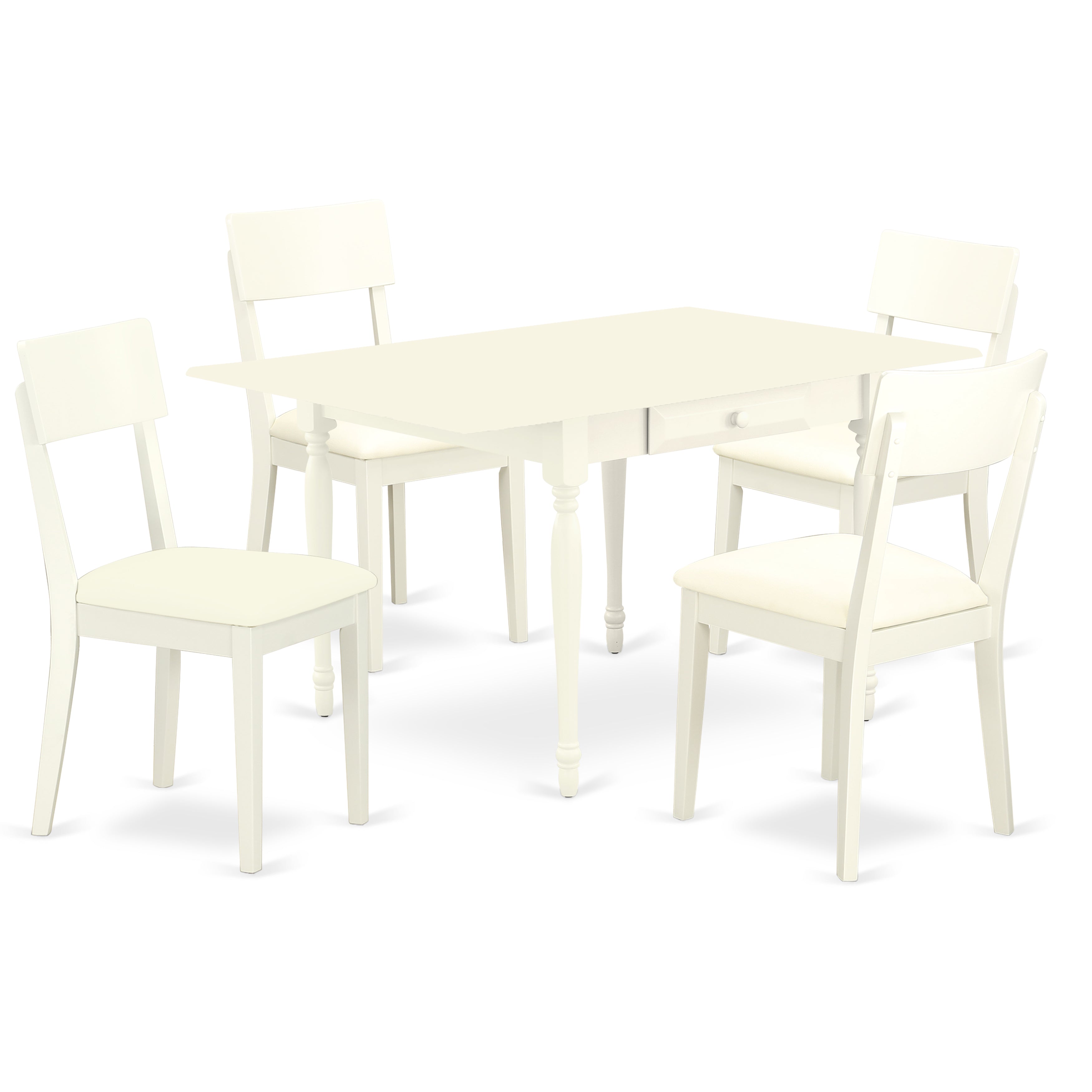 East West Furniture MZAD5-LWH-LC 5Pc Dining Room Table Set Offers a Modern Dining Table and 4 Dining Room Chairs with Faux Leather Seat, Drop Leaf Table with Ladder Back Chairs, Linen White Finish