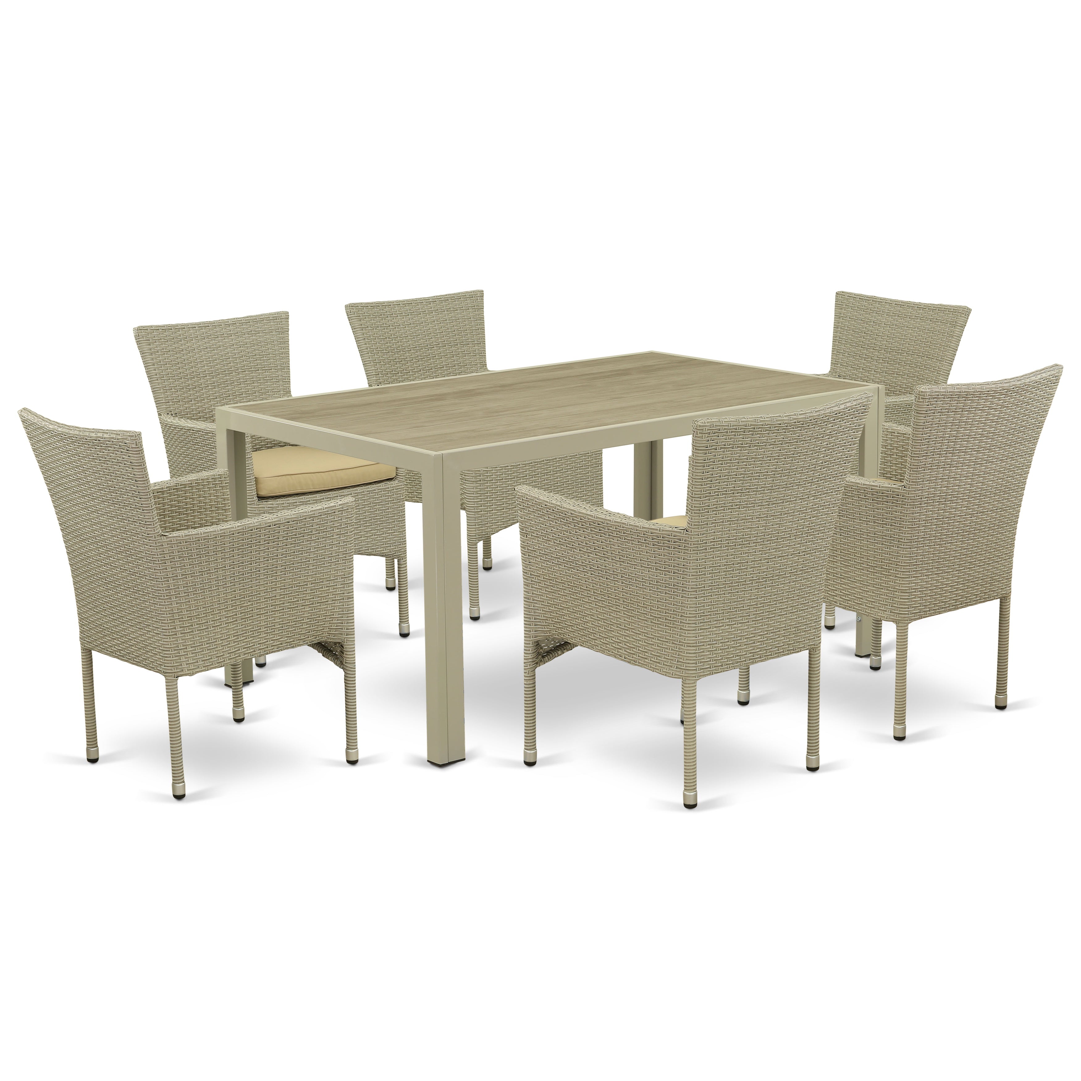 JUBK7-03A 7Pc Outdoor-Furniture Natural Color Wicker Dining Set Includes a Patio Table and 6 Balcony Backyard Armchair with Linen Fabric Cushion