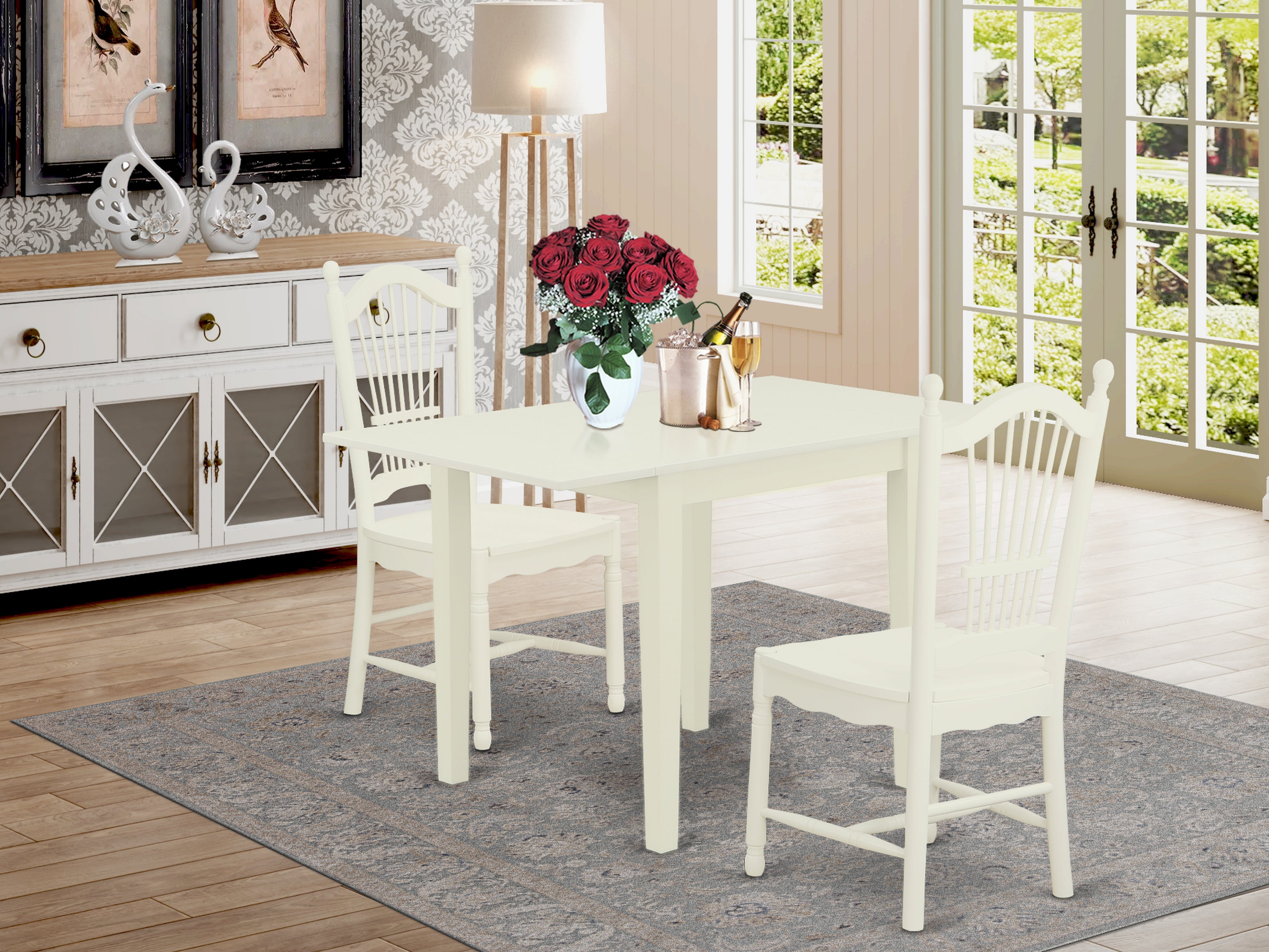 East West Furniture NDDO3-LWH-W Kitchen Table Set 3 Pcs- 2 Super Kitchen Chairs and an Eye-catching Dinner Table - Linen White Finish Wooden Chair Seat - Linen White Finish Solid Wood Frame.