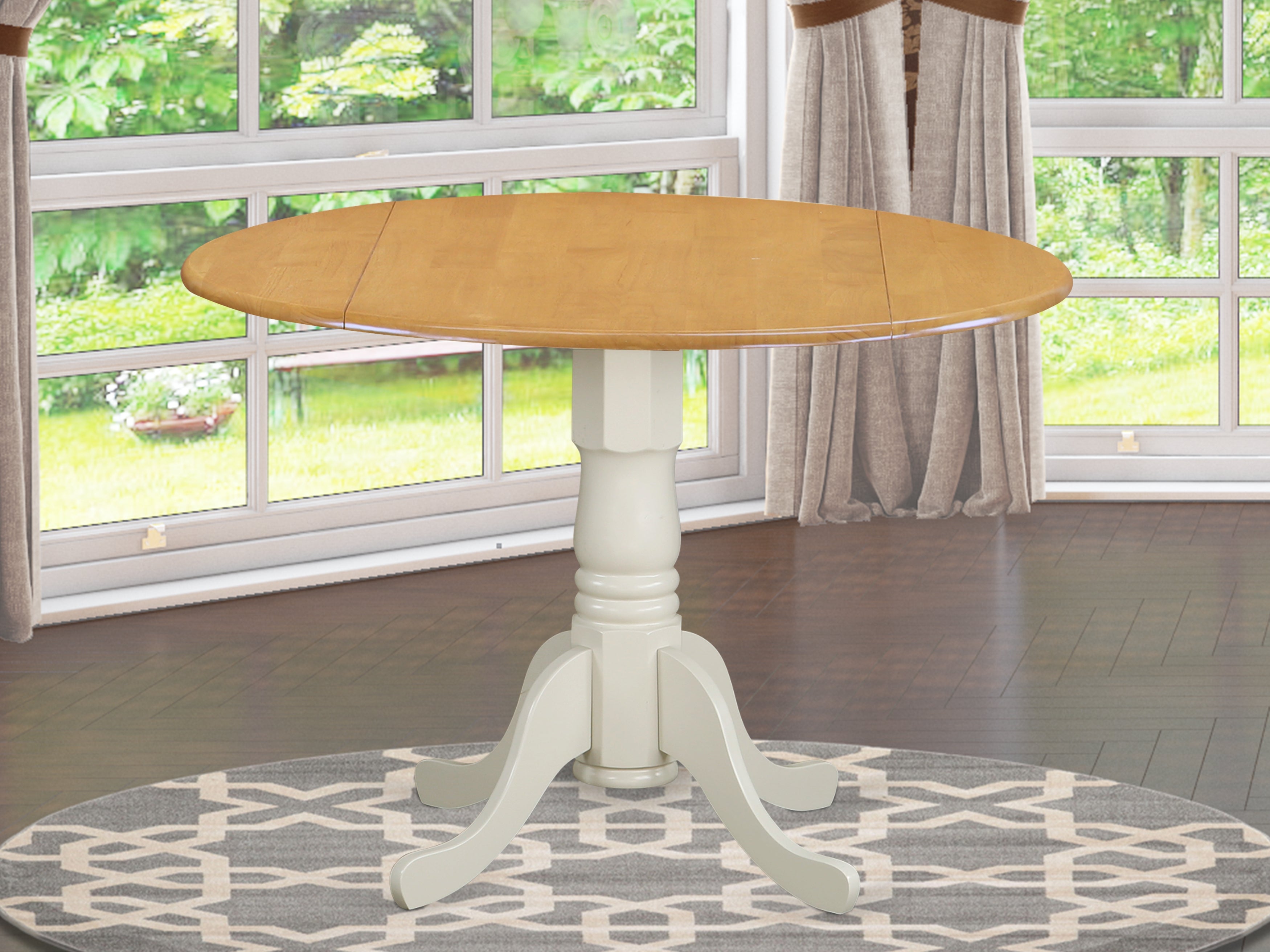 DLT-OLW-TP Dublin Round Table with two 9" Drop Leaves in Oak and Linen White Finish