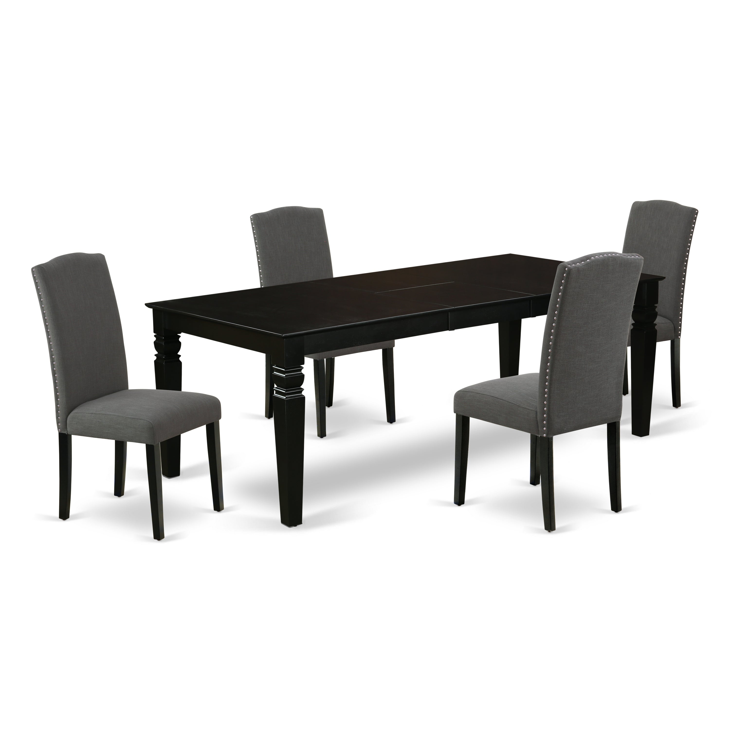 LGEN5-BLK-20 5Pc Rectangular 66/84 Inch Table With 18 In Leaf And Four Parson Chair With Black Leg And Linen Fabric Dark Gotham Grey