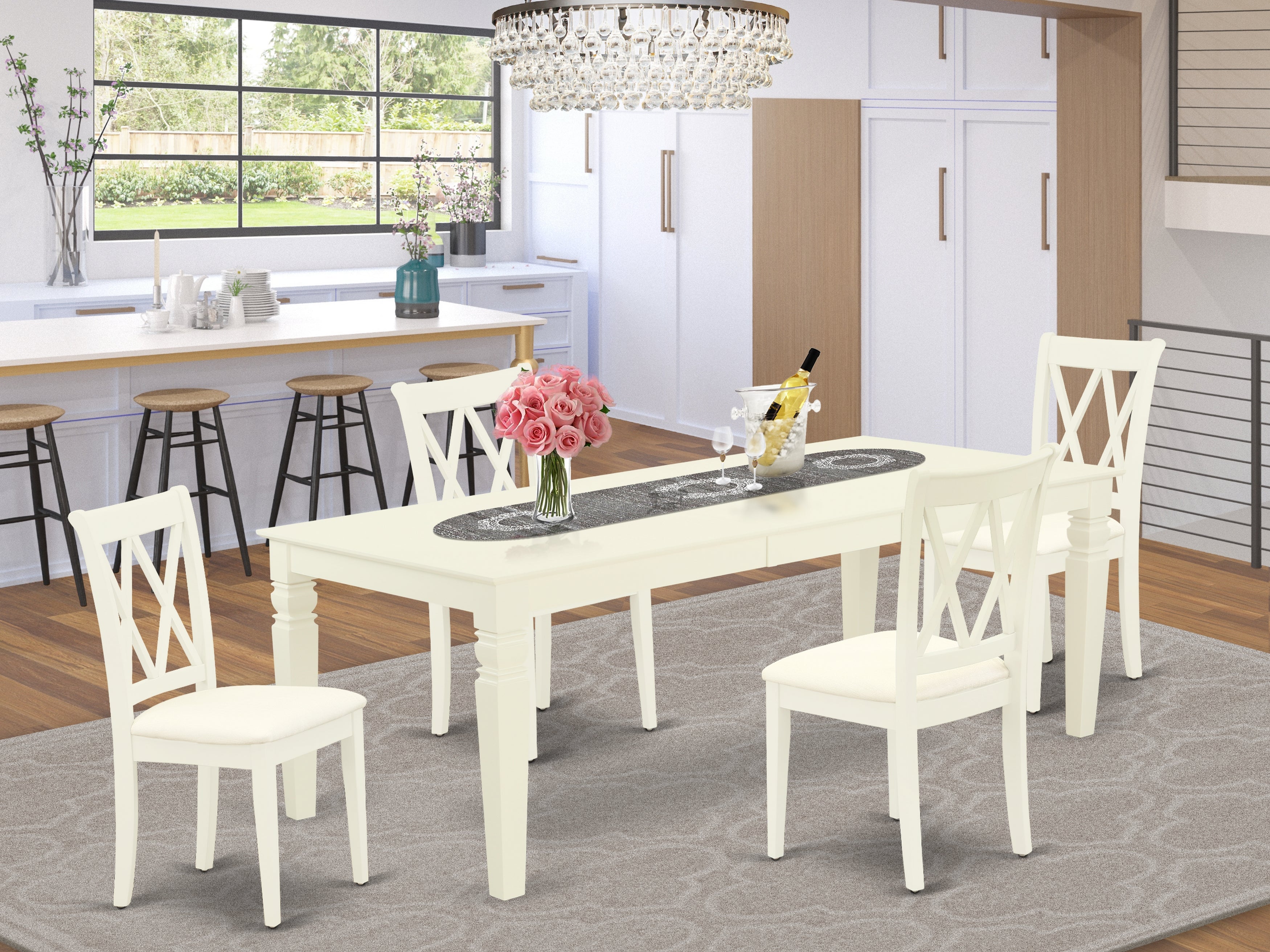 LGCL5-LWH-C 5Pc Dining Set Includes a Rectangle Dining Table with Butterfly Leaf and Four Double X Back Microfiber Seat Kitchen Chairs, Linen White Finish