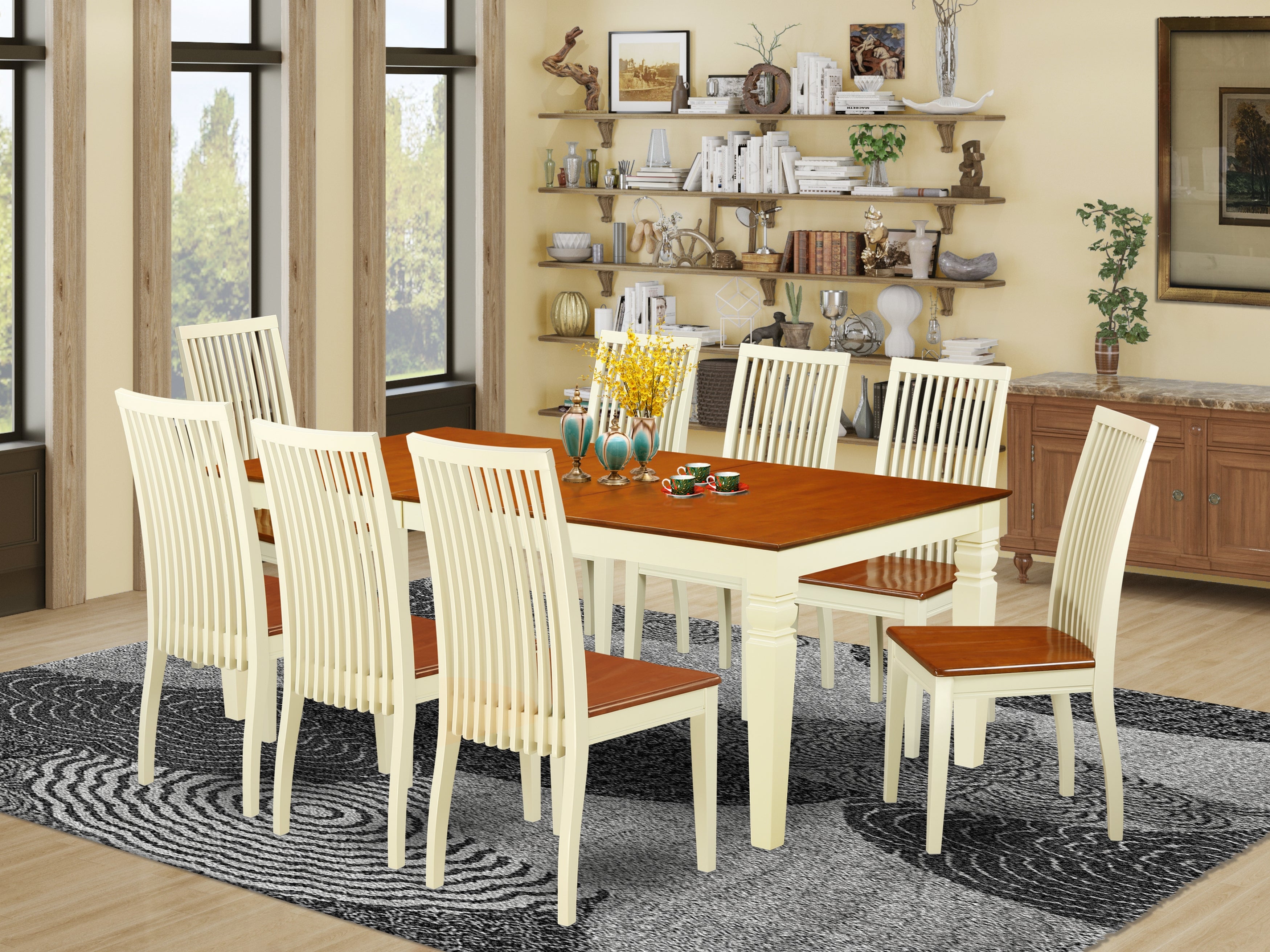 LGIP9-BMK-W 9-Piece Dining Room Set With 1 Logan Kitchen Table And 8 Solid Wood Kitchen Chairs Finished In A Rich Buttermilk and Cherry Color.