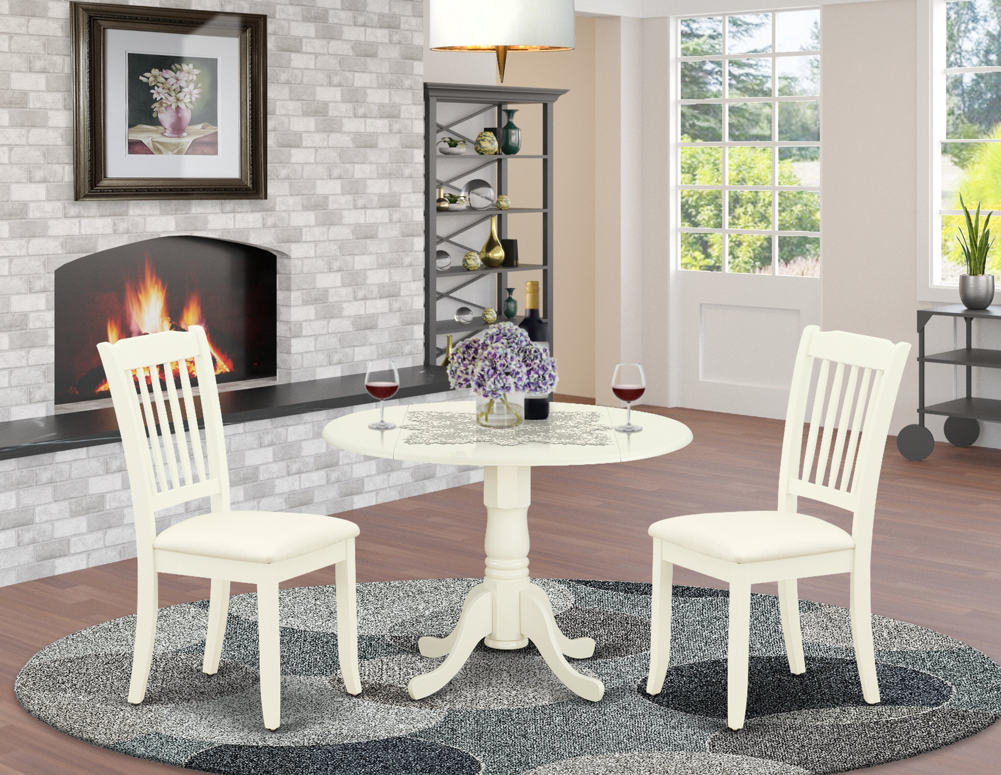 DLDA3-WHI-C 3Pc Dinette Set Includes a Rounded Kitchen Table with Drop Leaves and Two Vertical Slatted Microfiber Seat Dining Chairs, White Finish