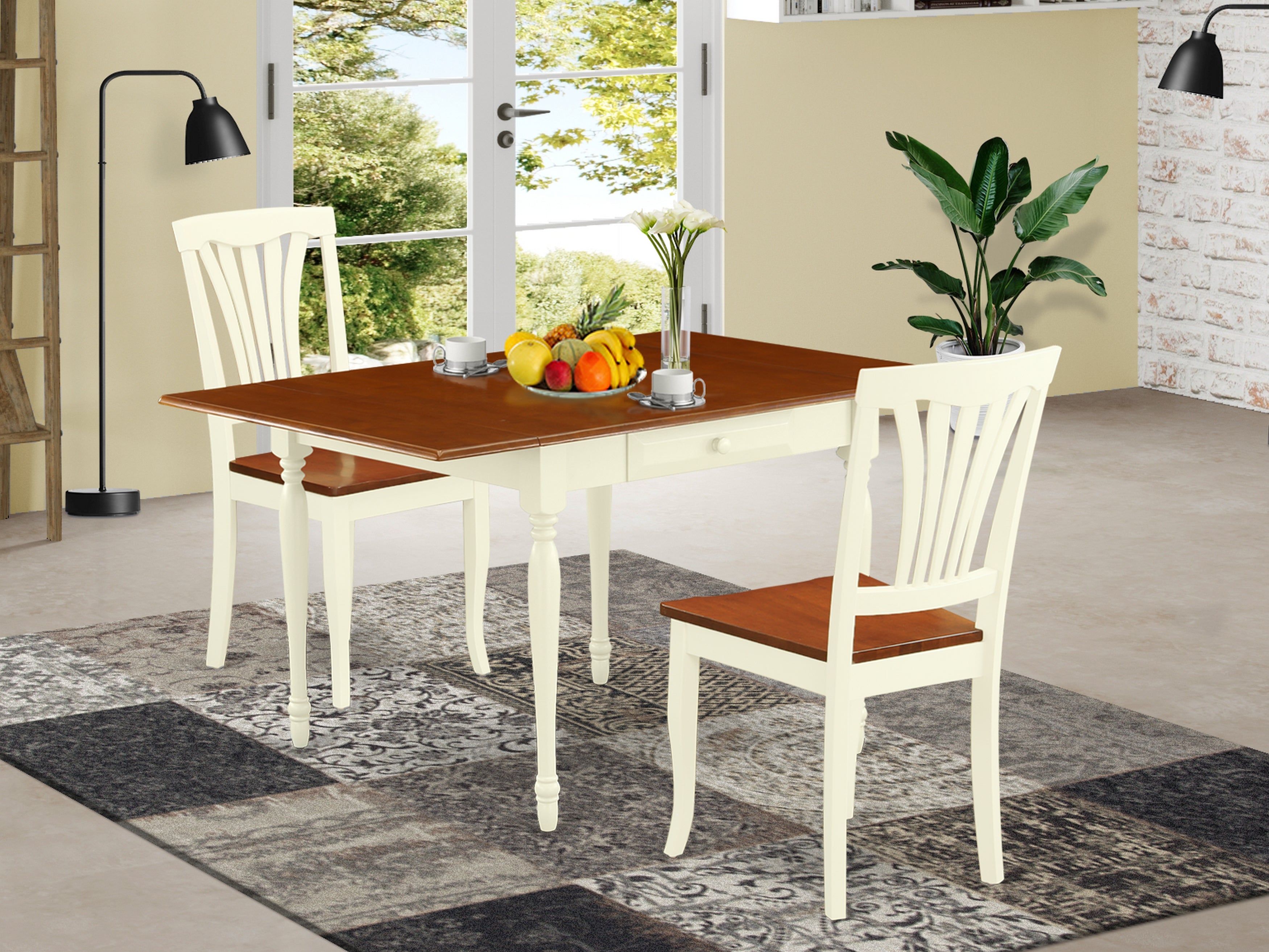 East West Furniture MZAV3-WHI-W 3Pc Dinette Set Contains a Small Kitchen Table and 2 Wooden Dining Chairs with Solid Wood Seat, Drop Leaf Table with Slat Back Chairs, Buttermilk and Cherry Finish