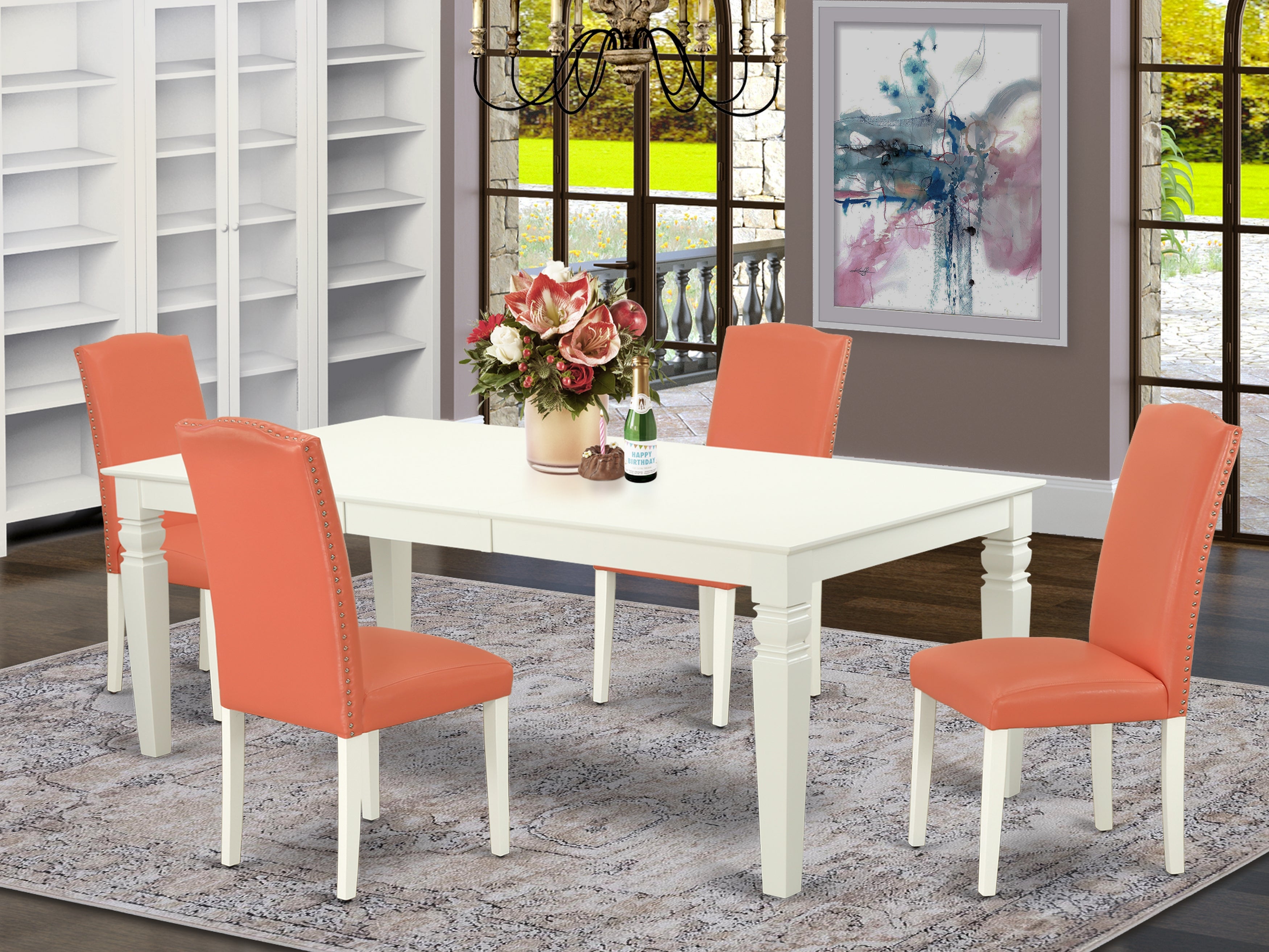LGEN5-LWH-78 5Pc Rectangular 66/84 Inch Table With 18 In Leaf And Four Parson Chair With Linen White Leg And Pu Leather Color Pink Flamingo