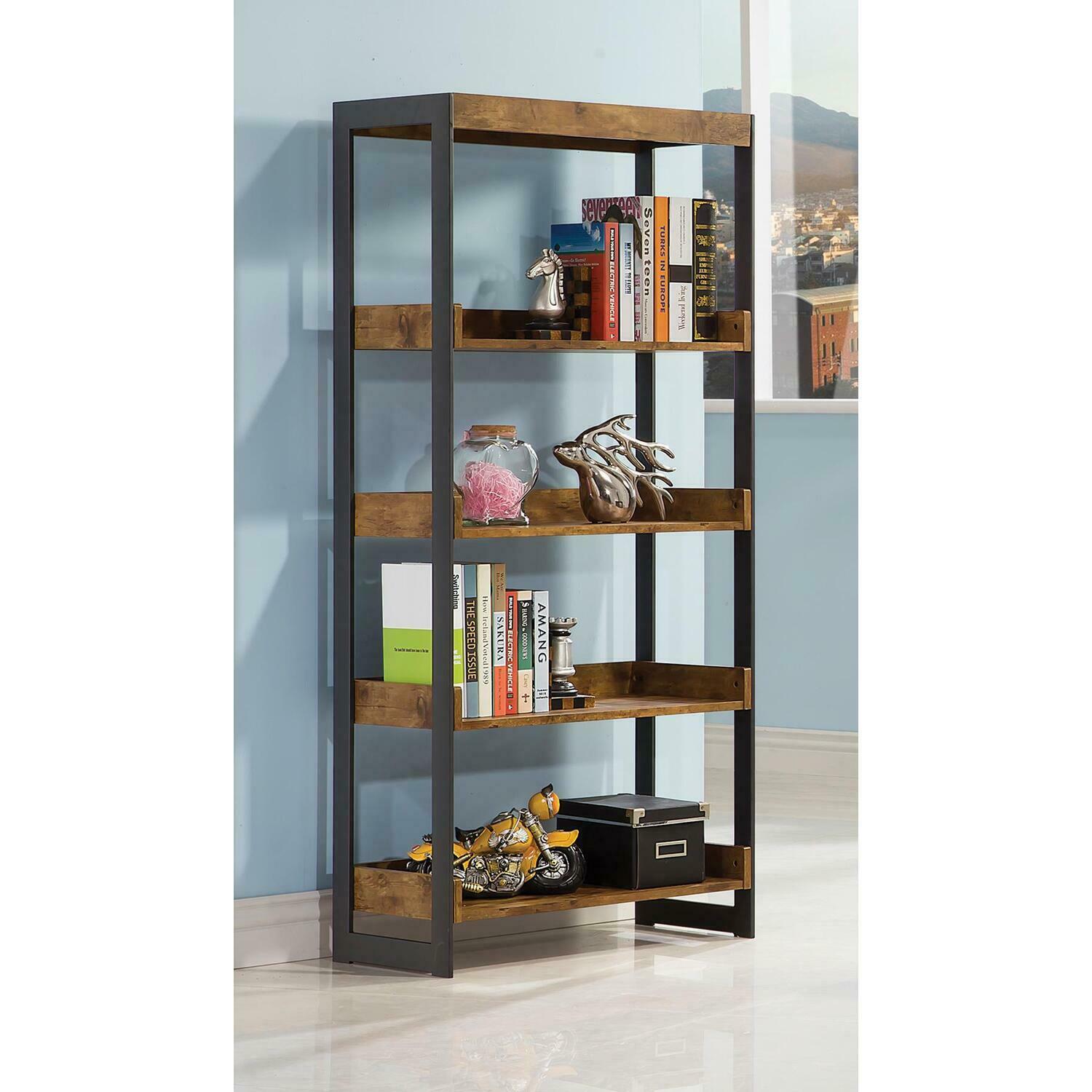 Estrella 4-shelf Bookcase Antique Nutmeg and Gunmetal