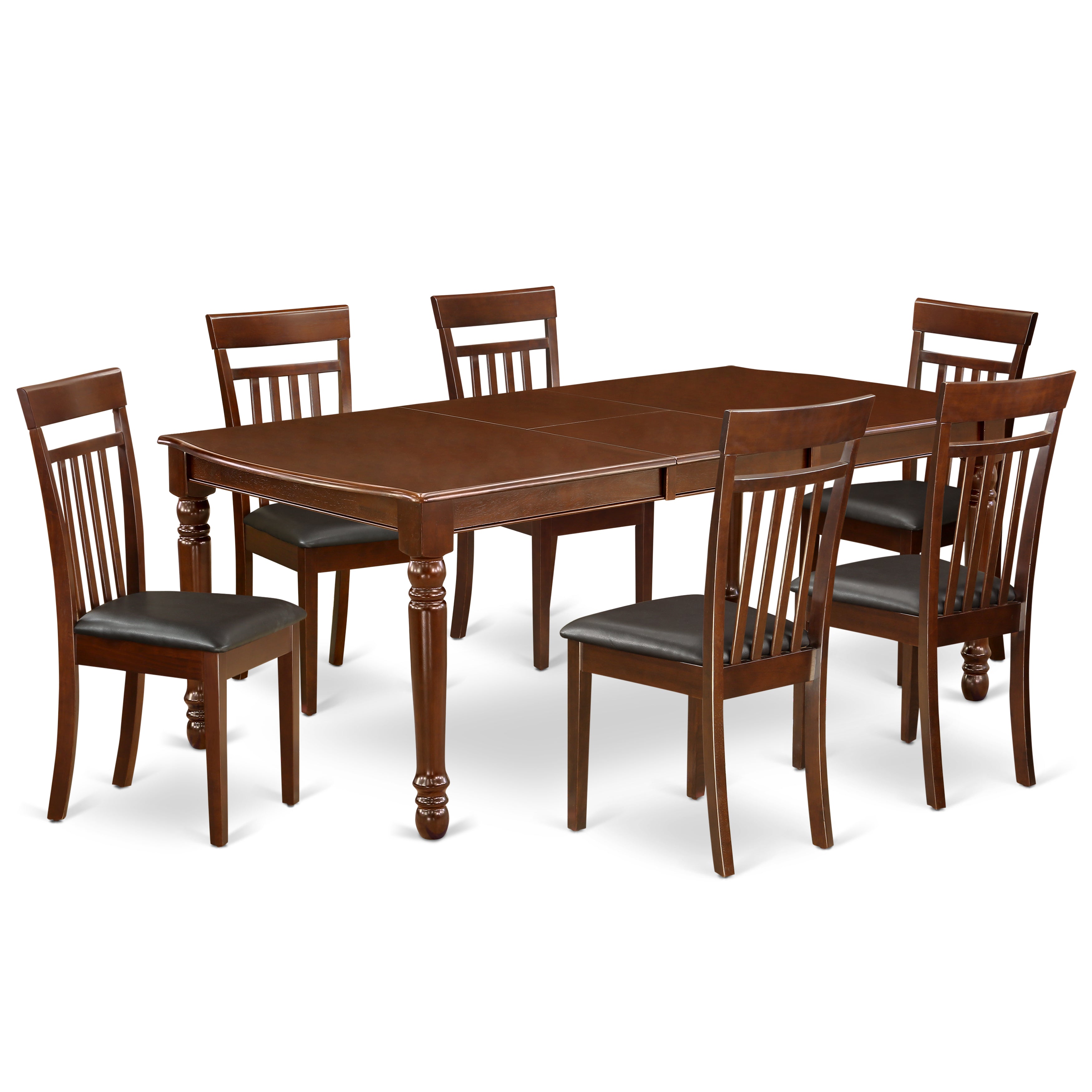 DOCA7-MAH-LC 7Pc Rectangle 60/78 Inch Dining Room Table With 18 In Leaf And Six Kitchen Faux Leather Seat Chairs