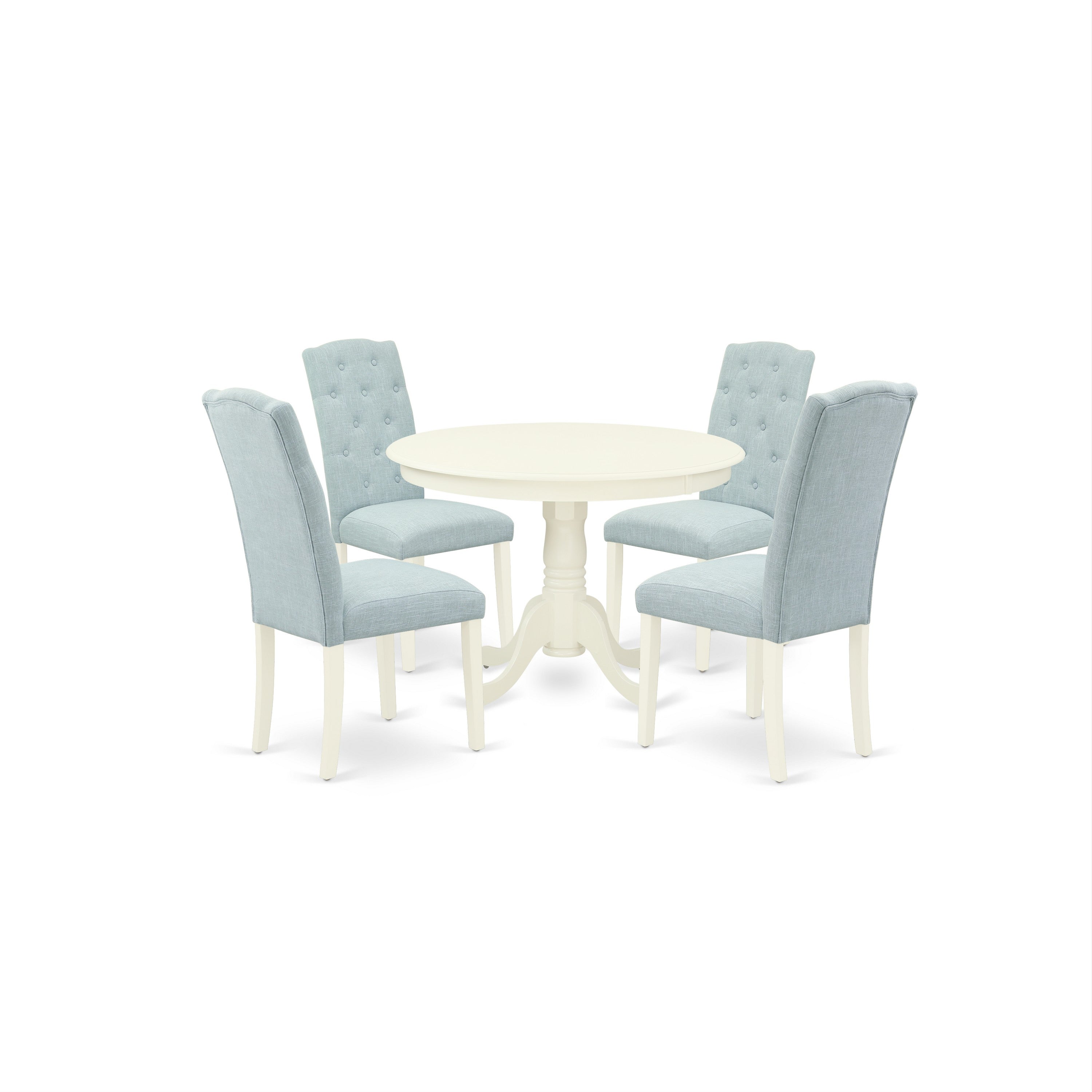 HLCE5-LWH-15 5Pc Dining Set Includes a Round Dinette Table and Four Parson Chairs with Baby Blue Fabric, Linen White Finish