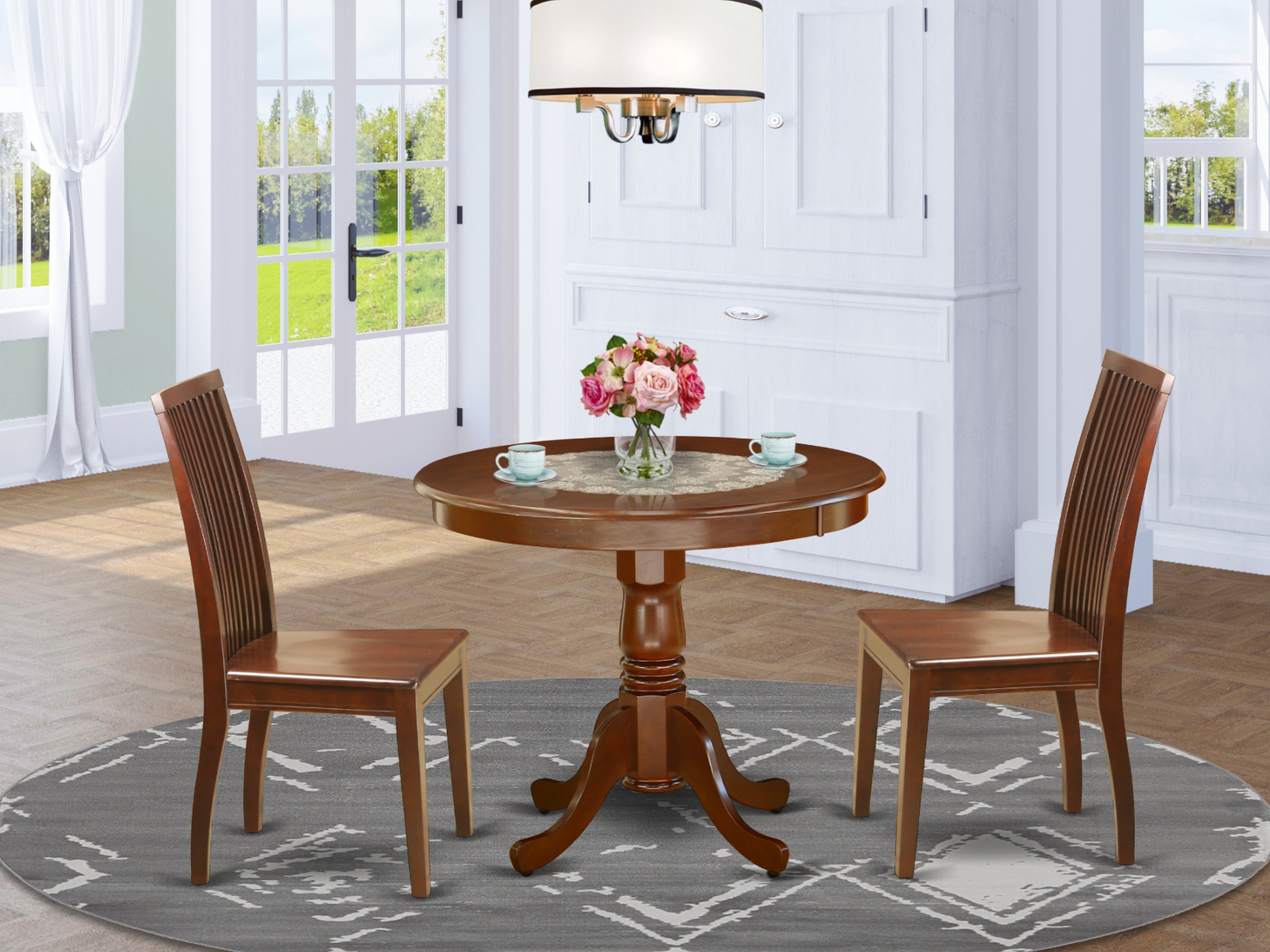 ANIP3-MAH-W 3Pc Rounded 36 Inch Table And Two Solid Wood Seat Dining Chairs