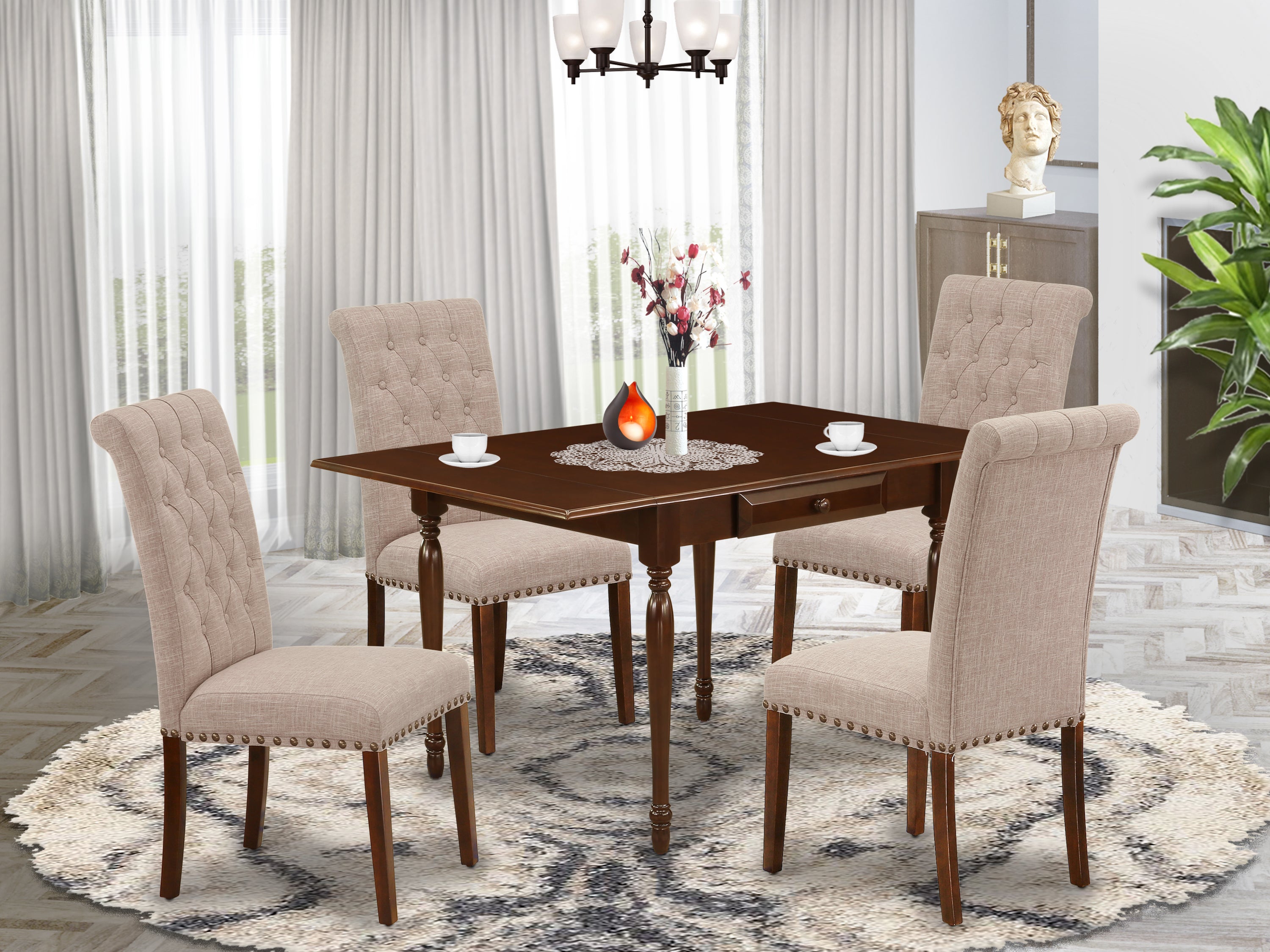 East West Furniture MZBR5-MAH-04 5Pc Kitchen Table Set Contains a Modern Dining Table and 4 Parson Dining Chairs with Light Fawn Color Linen Fabric, Drop Leaf Table with Full Back Chairs, Mahogany Finish