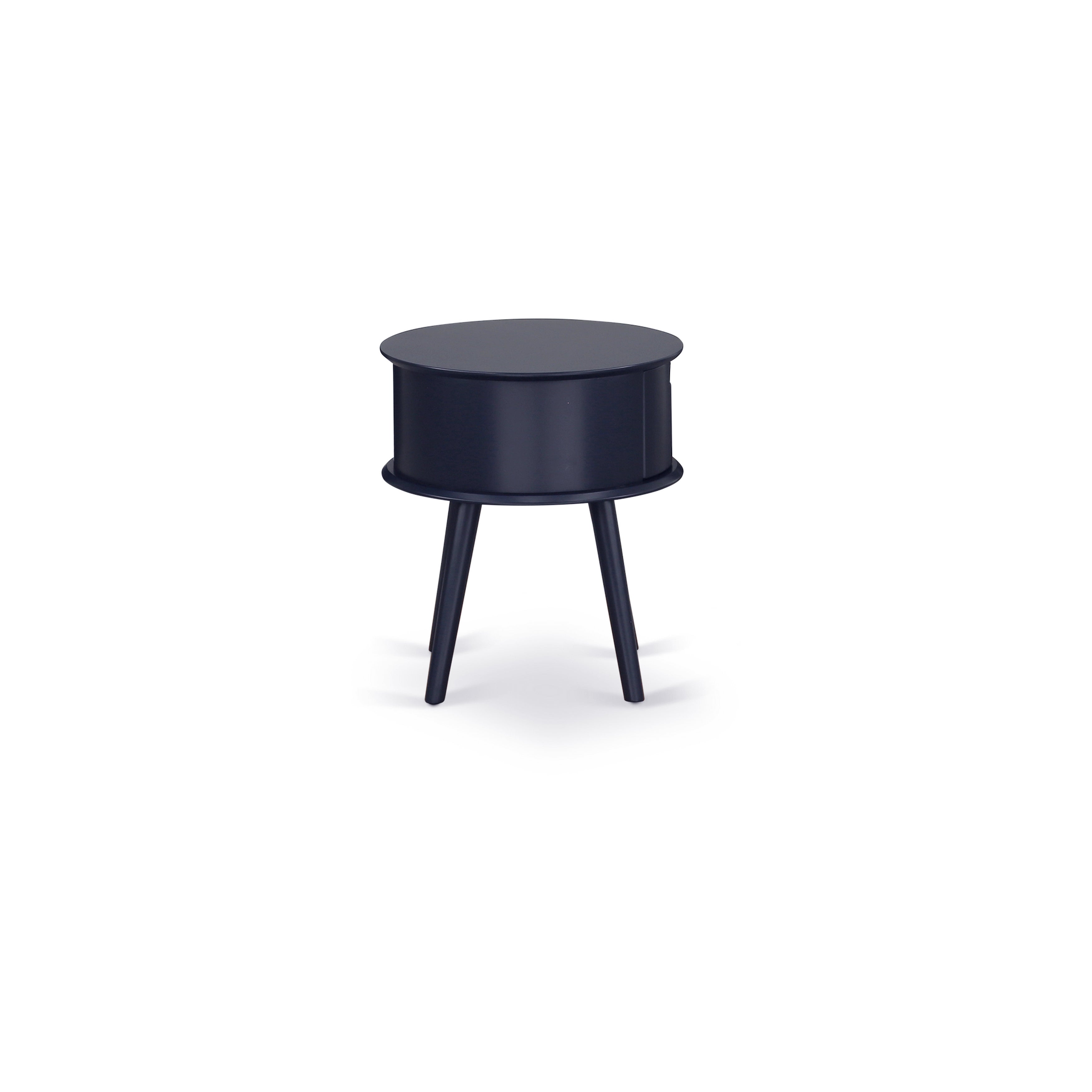 Gordon Round Night Stand End Table With Drawer in Navy Blue Finish