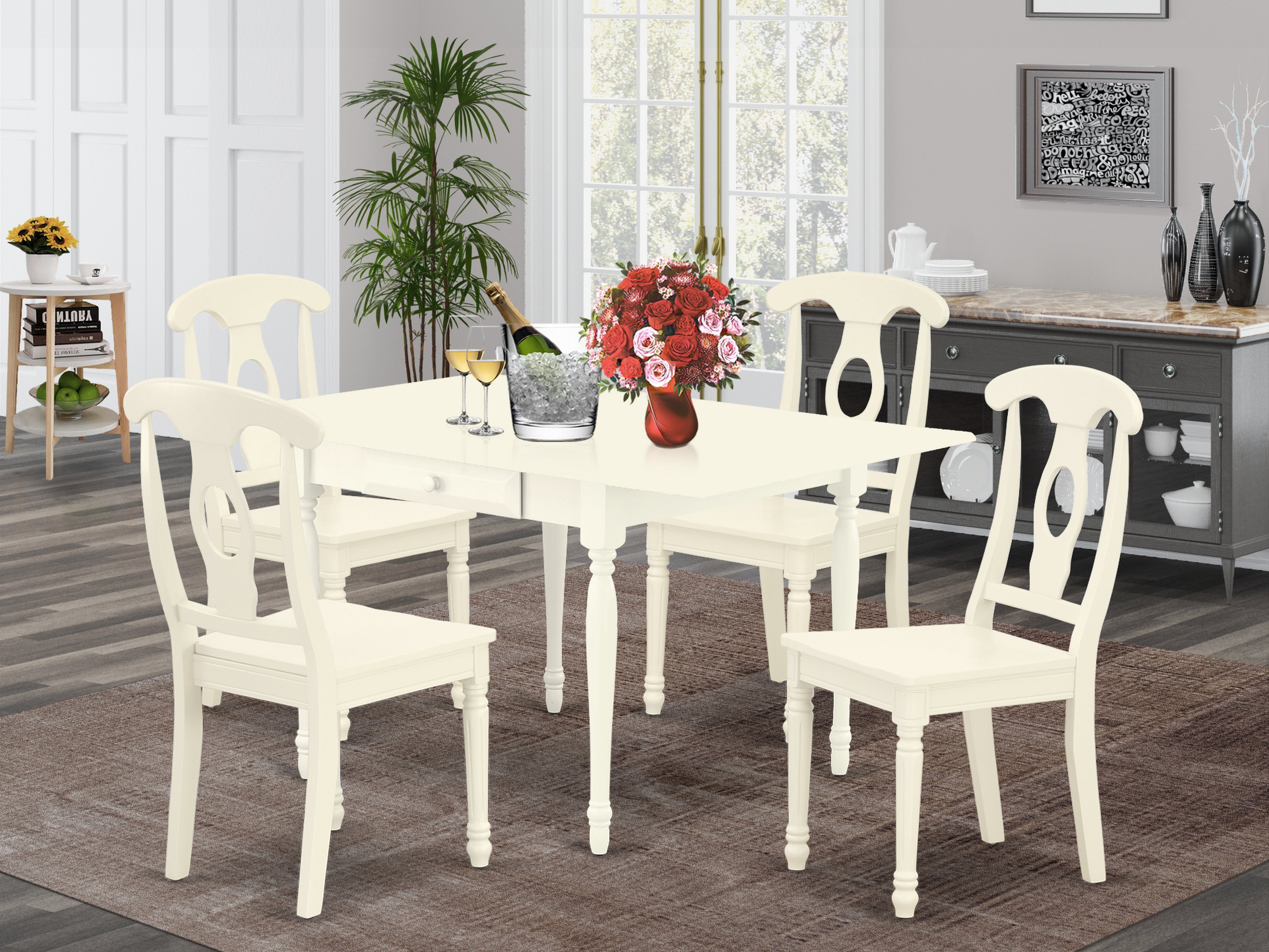 East West Furniture MZKE5-LWH-W 5 Pieces Dinette set - Strong Two 9-Inch Drop Down Leaves Solid Wood Kitchen Table and 4 Hardwood Seat Kitchen Chairs, Linen White Finish