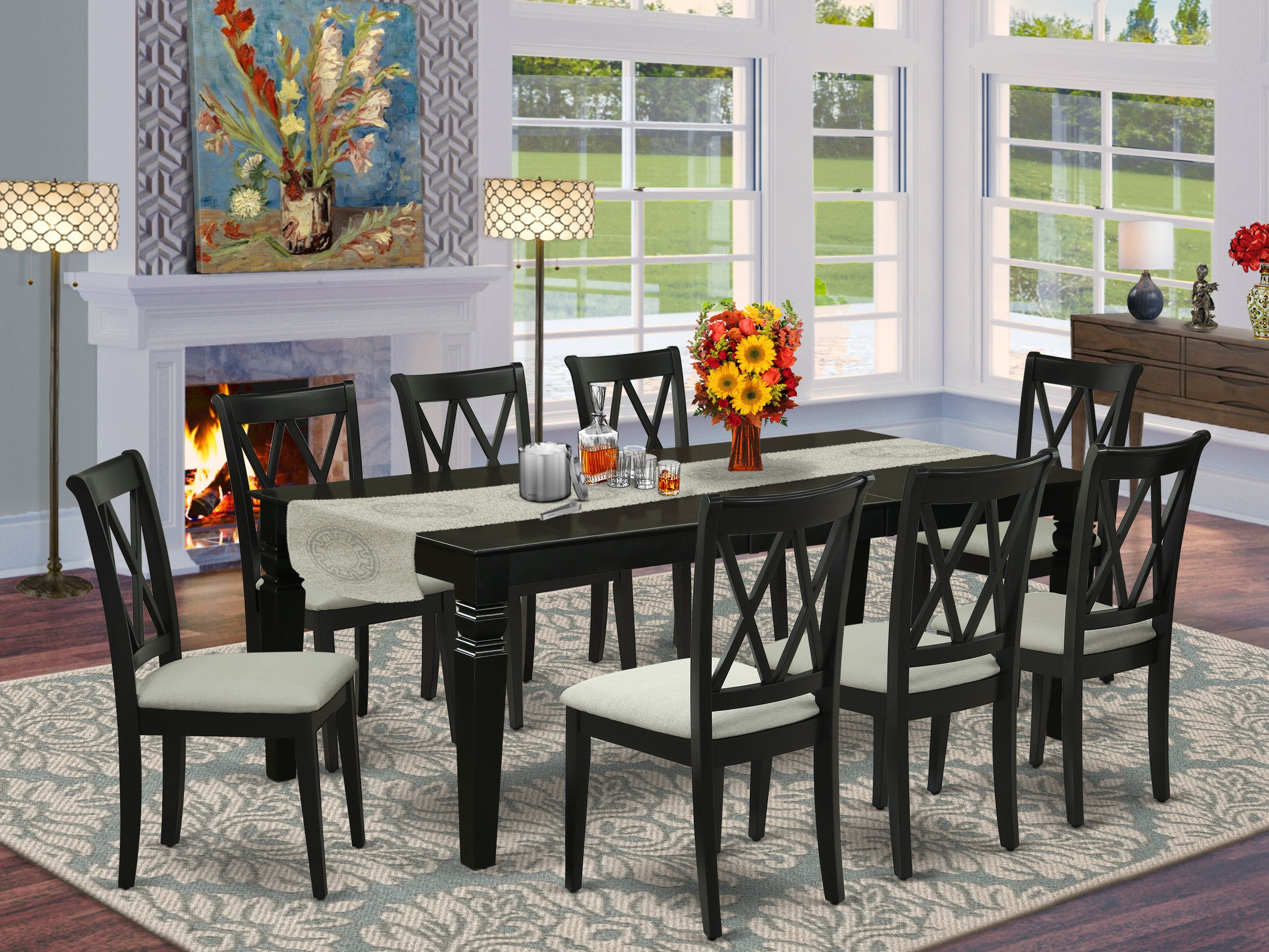 LGCL9-BLK-C 9Pc Dining Set Includes a Rectangle Dining Table with Butterfly Leaf and Eight Double X Back Microfiber Seat Kitchen Chairs, Black Finish