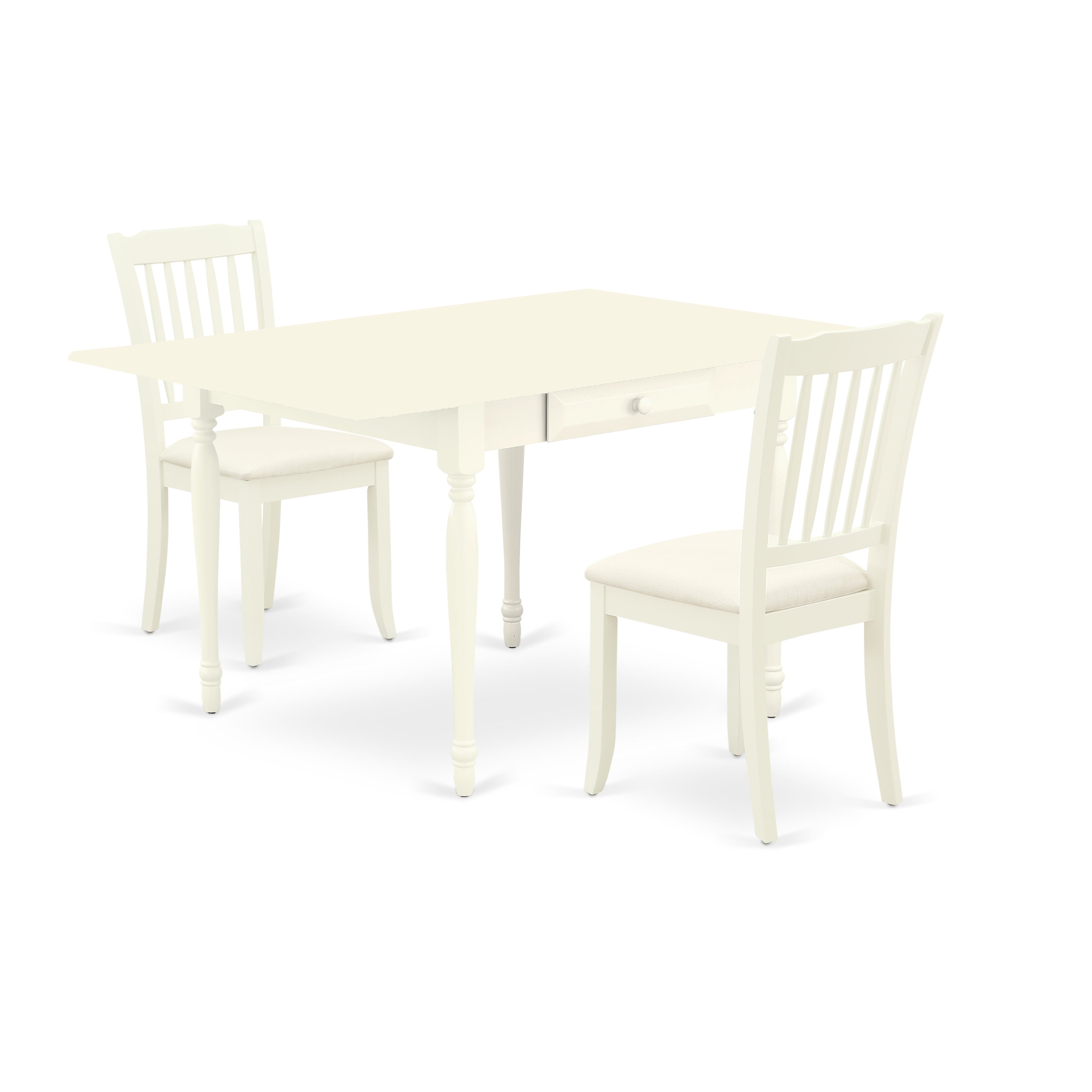 East West Furniture MZDA3-LWH-C 3Pc Dining Room Table Set Contains a Dining Table and 2 Dining Room Chairs with Microfiber Upholstery Seat, Drop Leaf Table with Slat Back Chairs, Linen White Finish