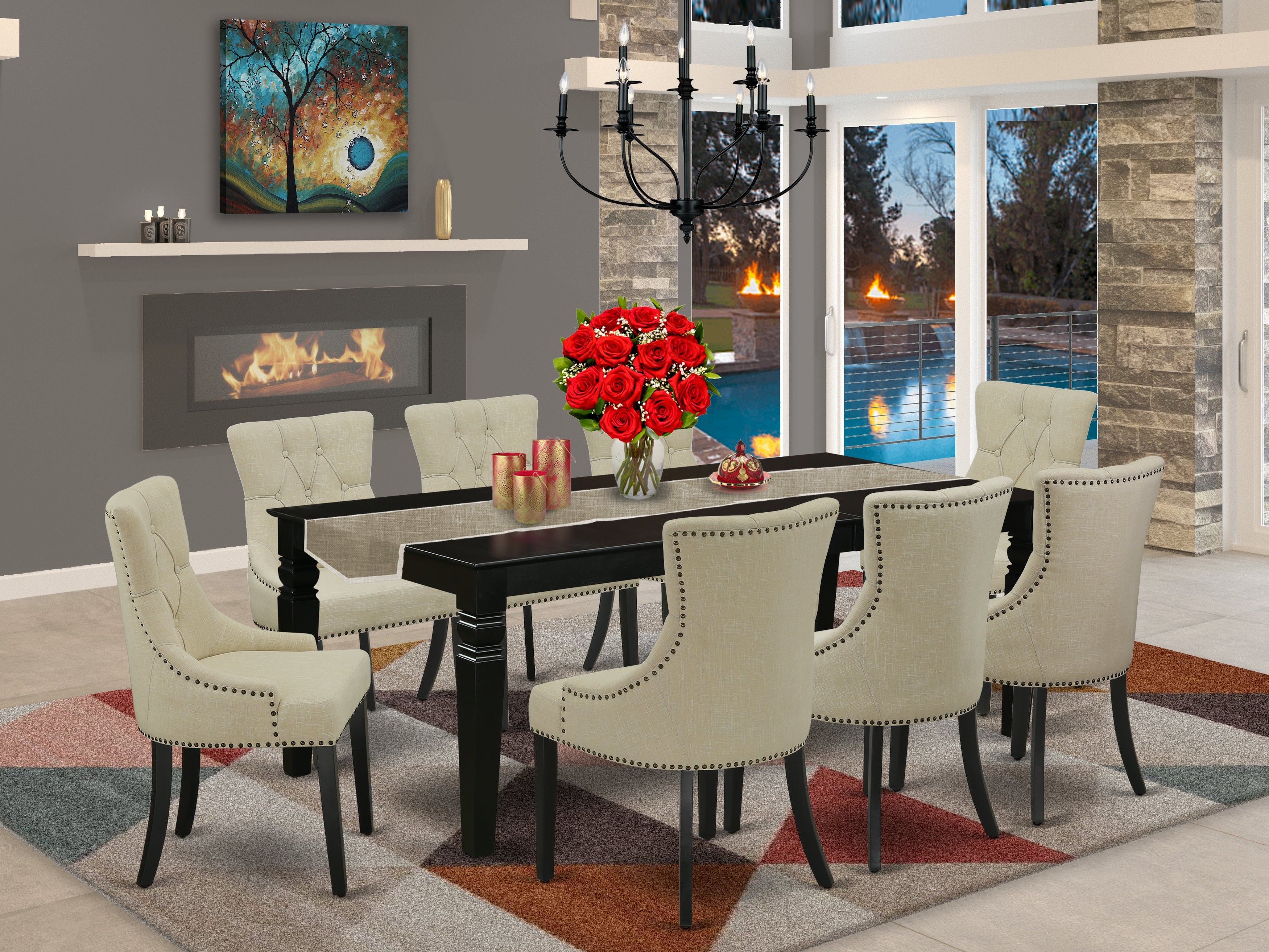 LGFR9-BLK-02 9Pc Dining Set Includes a Rectangle Dining Table with Butterfly Leaf and Eight Parson Chairs with Light Beige Fabric, Black Finish