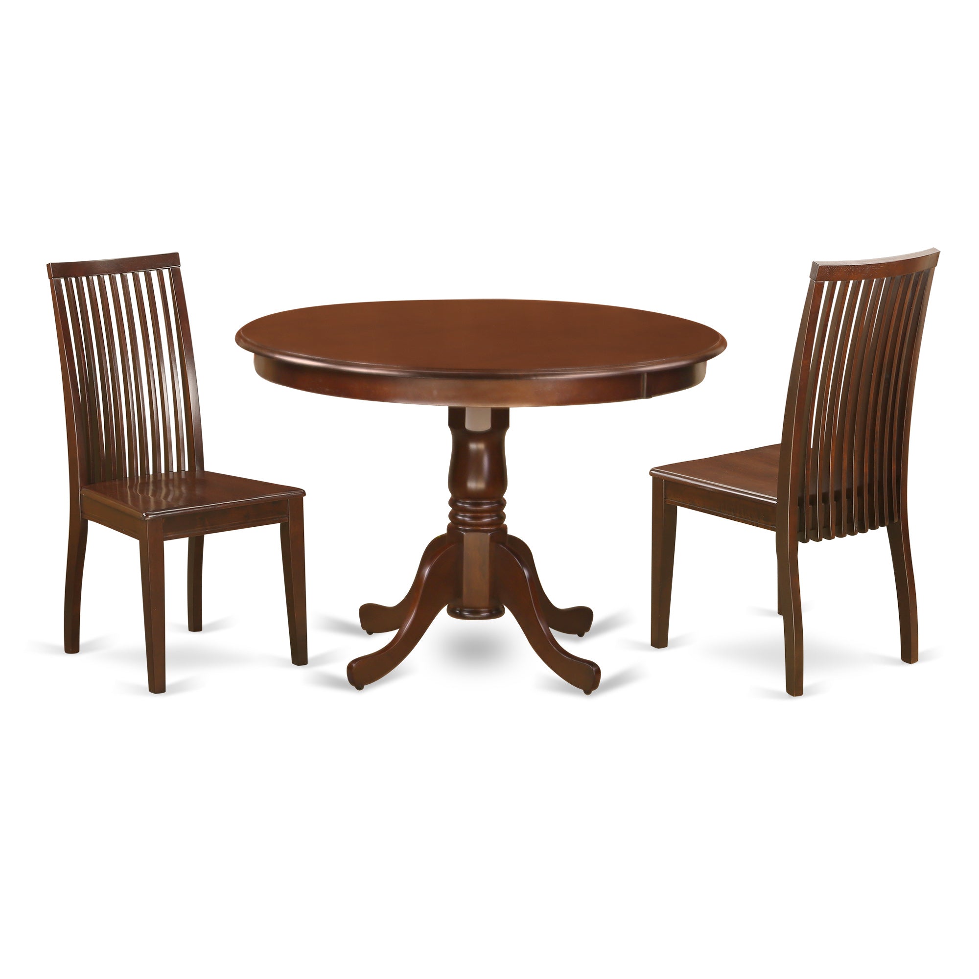 HLIP3-MAH-W 3 Piece Hartland Set With One Round 42in Dinette Table And Two Dinette Chairs With Wood Seat In A warm Mahogany Finish.
